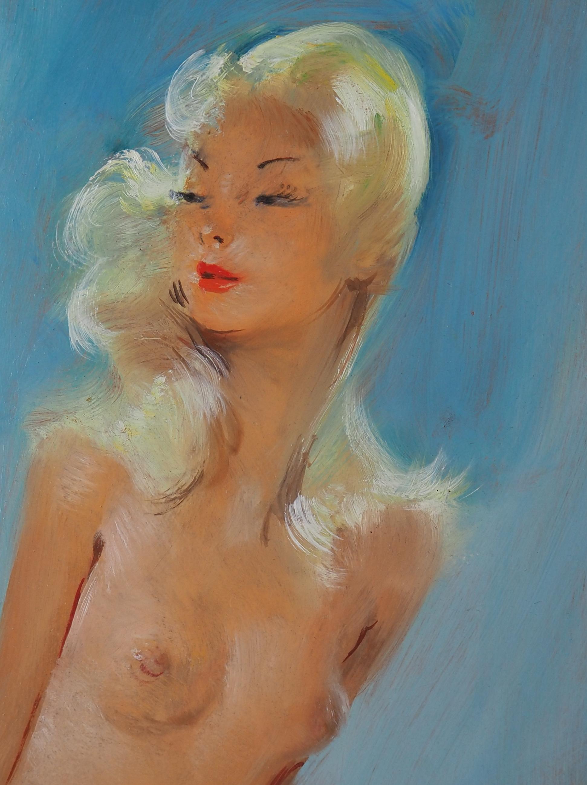 Sonia, nudo su sfondo blu - Pittura ad olio originale, firmata con la mano - Portrait Painting Marrone di Jean-Gabriel Domergue