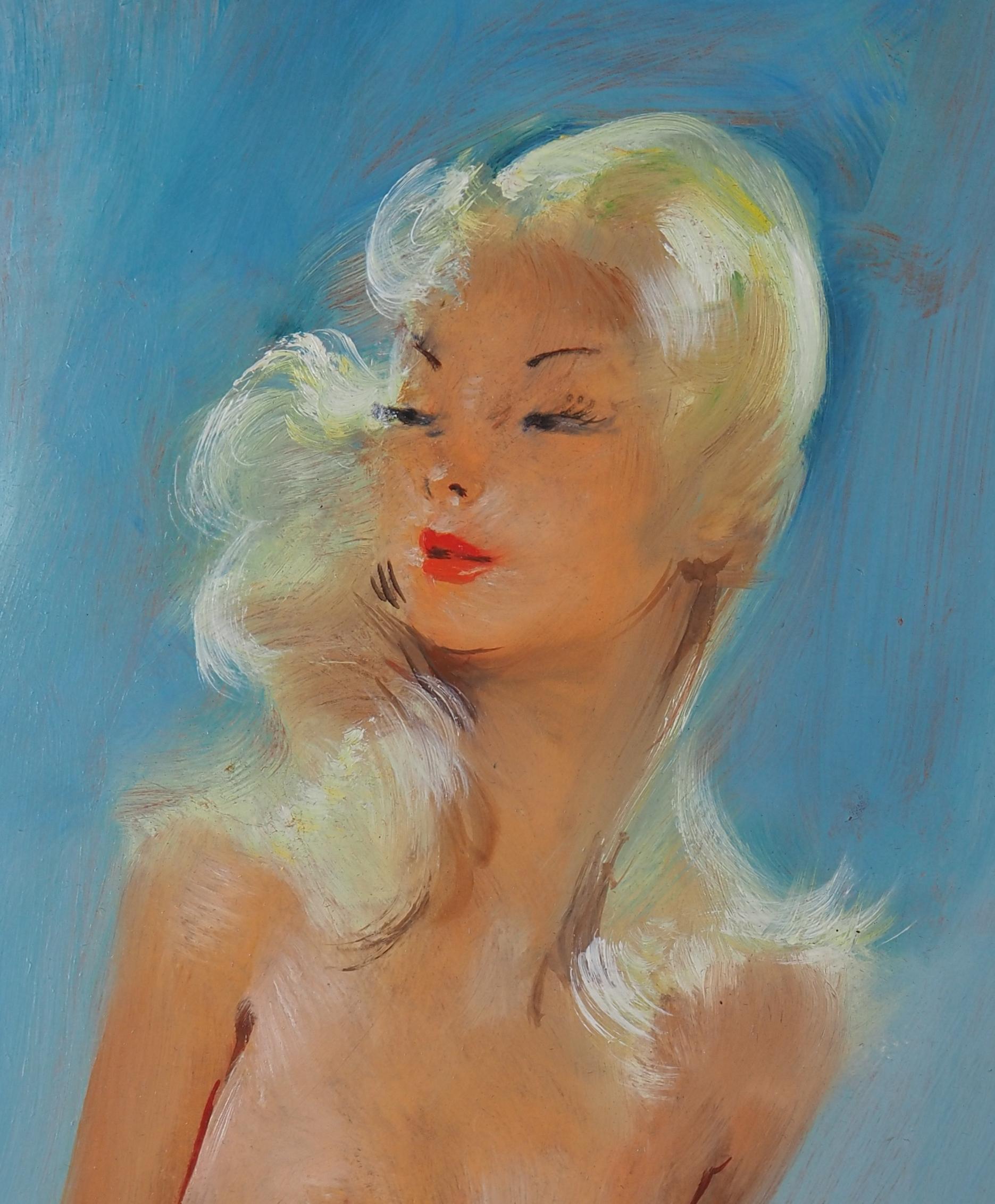 Jean-Gabriel DOMERGUE (1889-1962)
Sonia, nuda su sfondo blu

Pittura ad olio originale su pannello
Firmato in basso a destra
Su pannello 33 x 24 cm (circa 13 x 10 pollici) 
Presentato in una bella cornice vintage in legno 48 x 40 cm  (circa 19 x 16