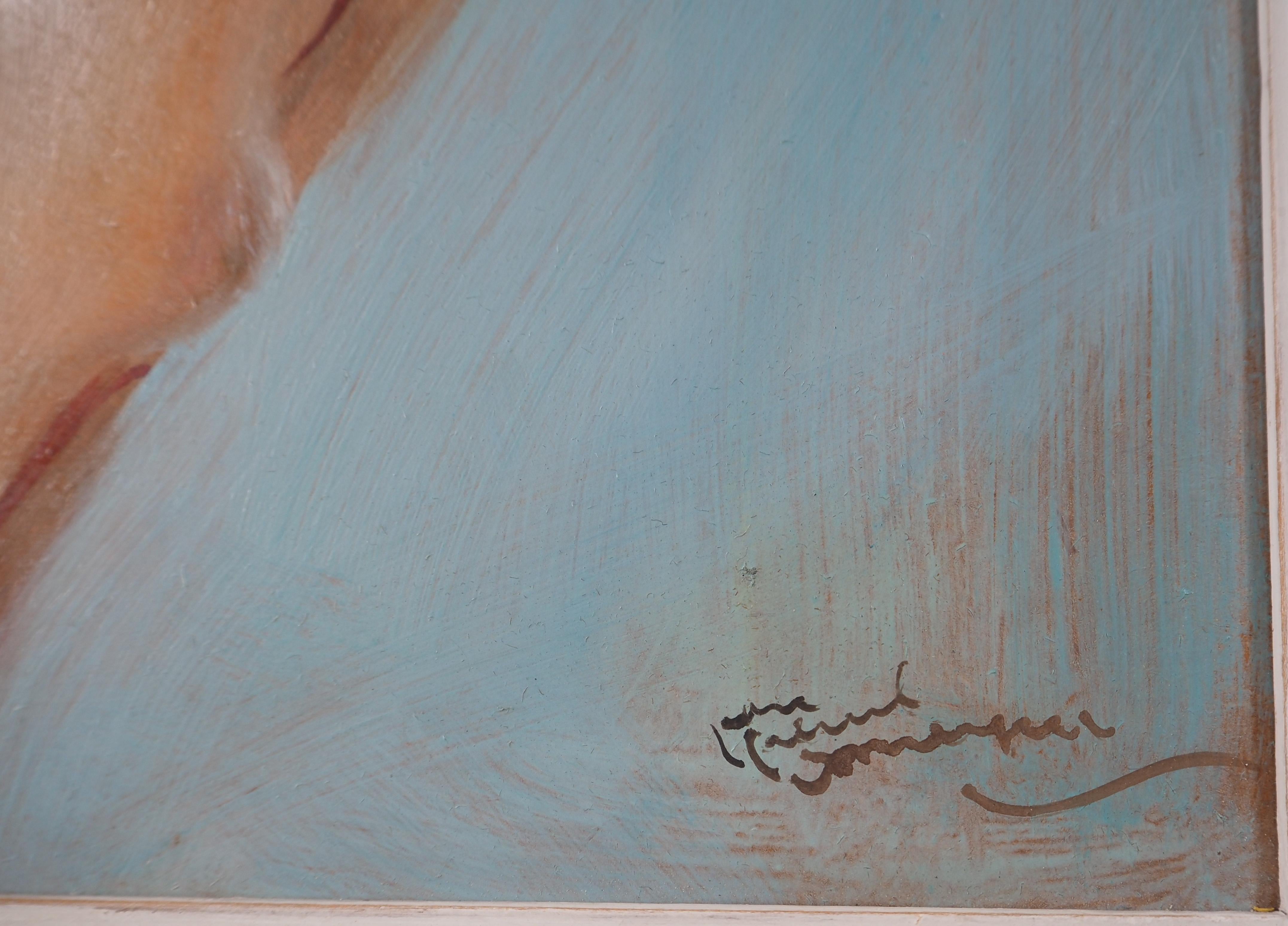 Sonia, nudo su sfondo blu - Pittura ad olio originale, firmata con la mano 2
