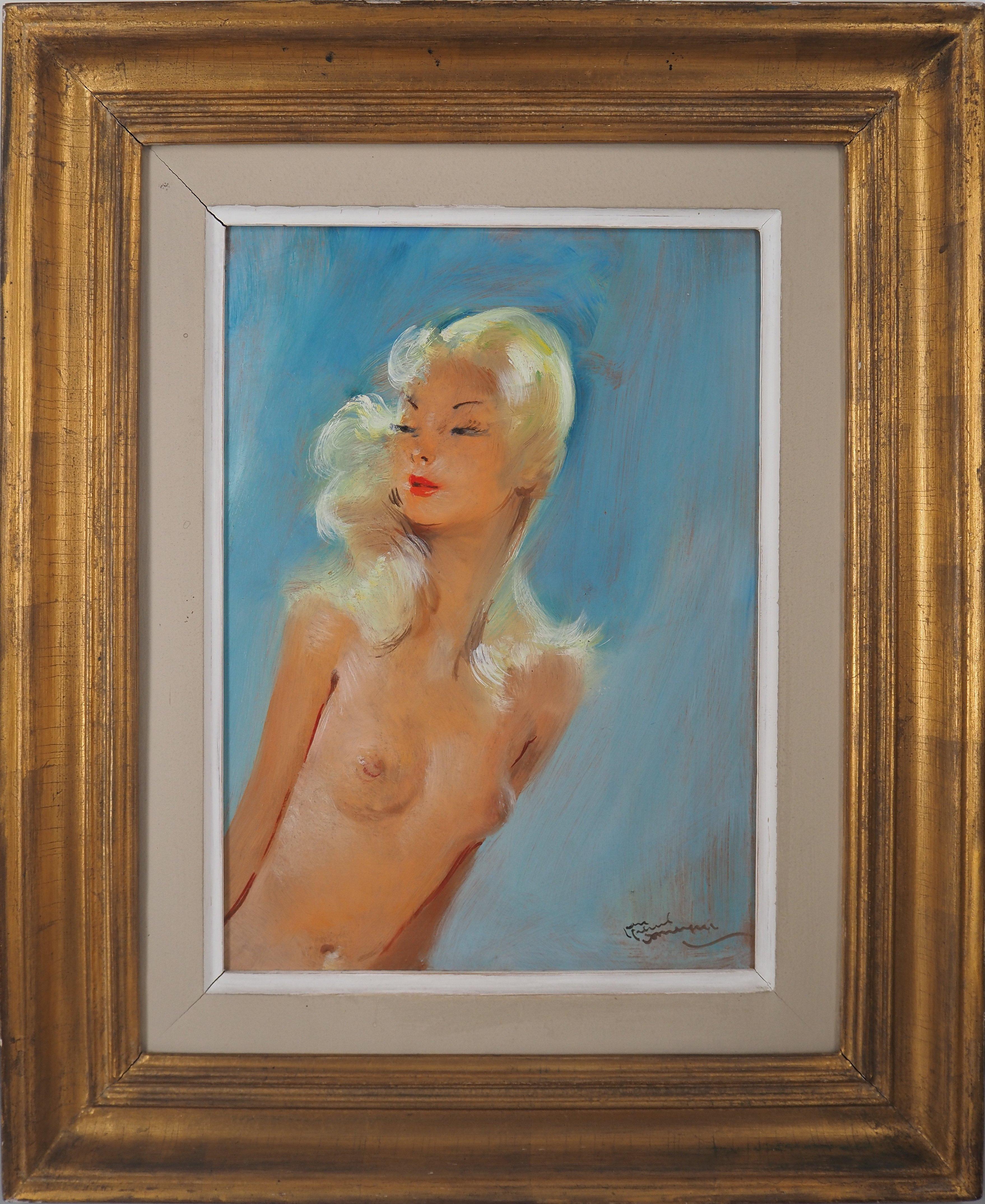 Portrait Painting di Jean-Gabriel Domergue - Sonia, nudo su sfondo blu - Pittura ad olio originale, firmata con la mano