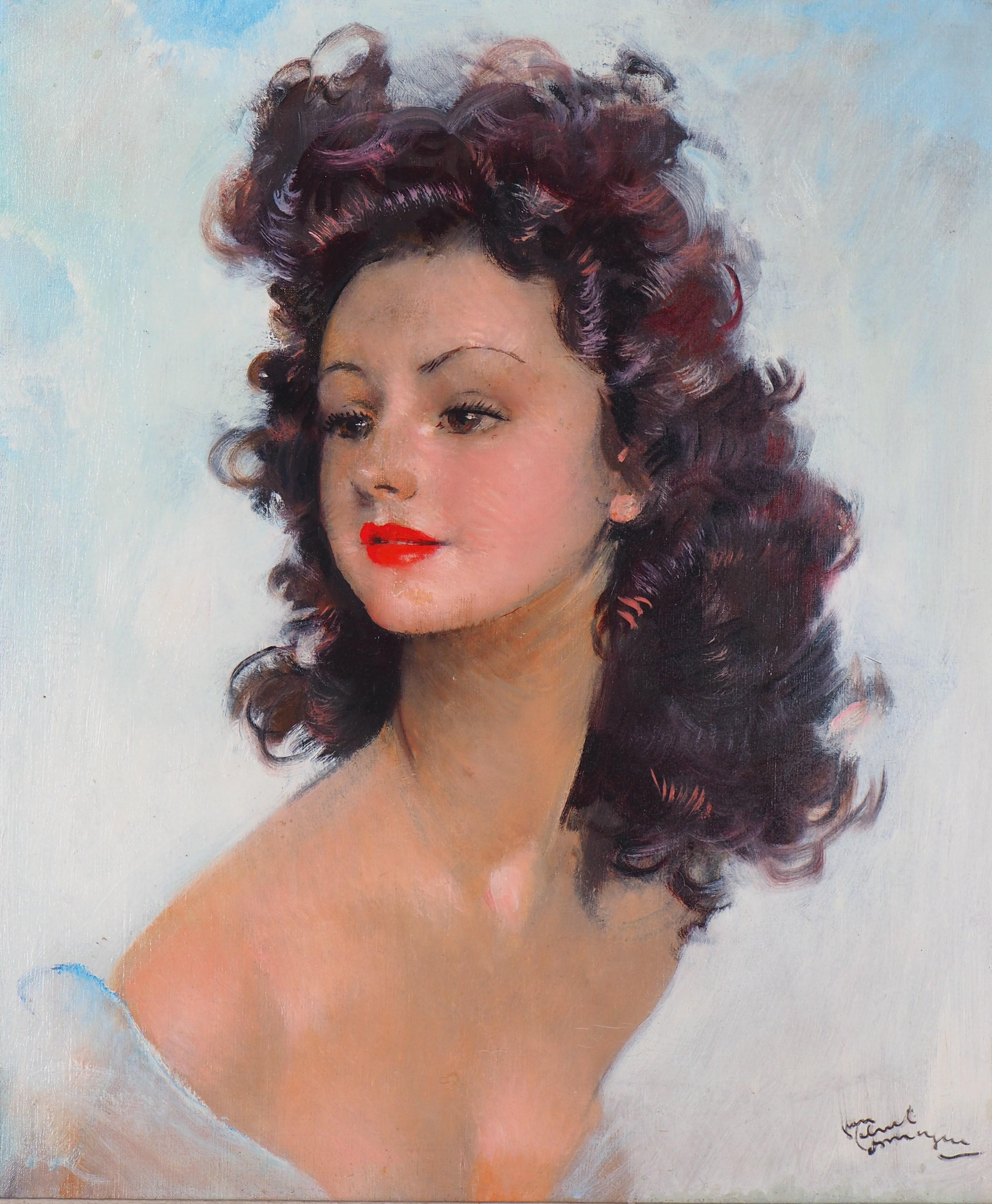 Jean-Gabriel Domergue Portrait Painting - The Red Lipstick : Smiling Model - Original handsigned Oil on Canvas