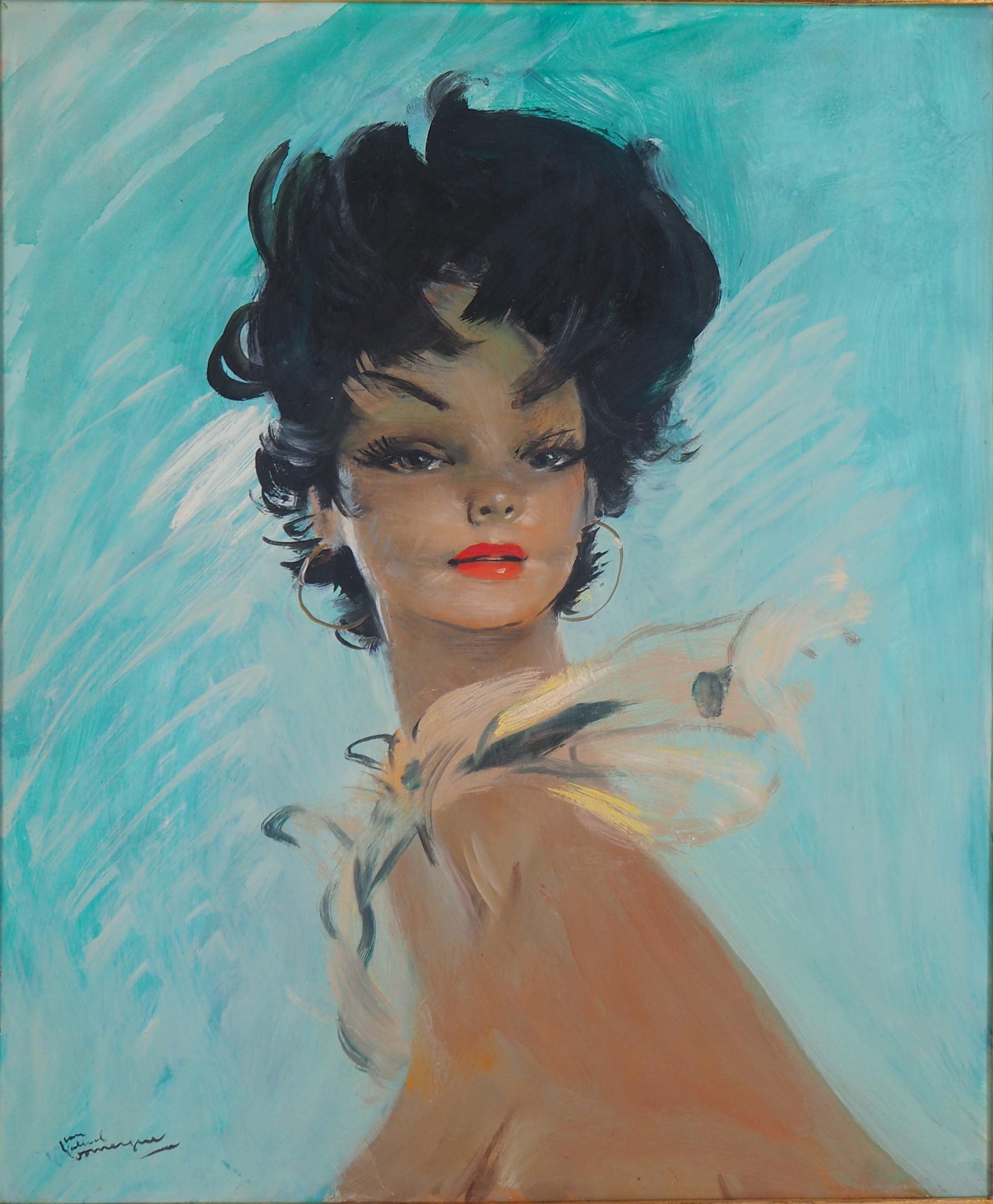 Woman with Gold Scarf - Original Oil on Panel, Handsigned - Modern Painting by Jean-Gabriel Domergue