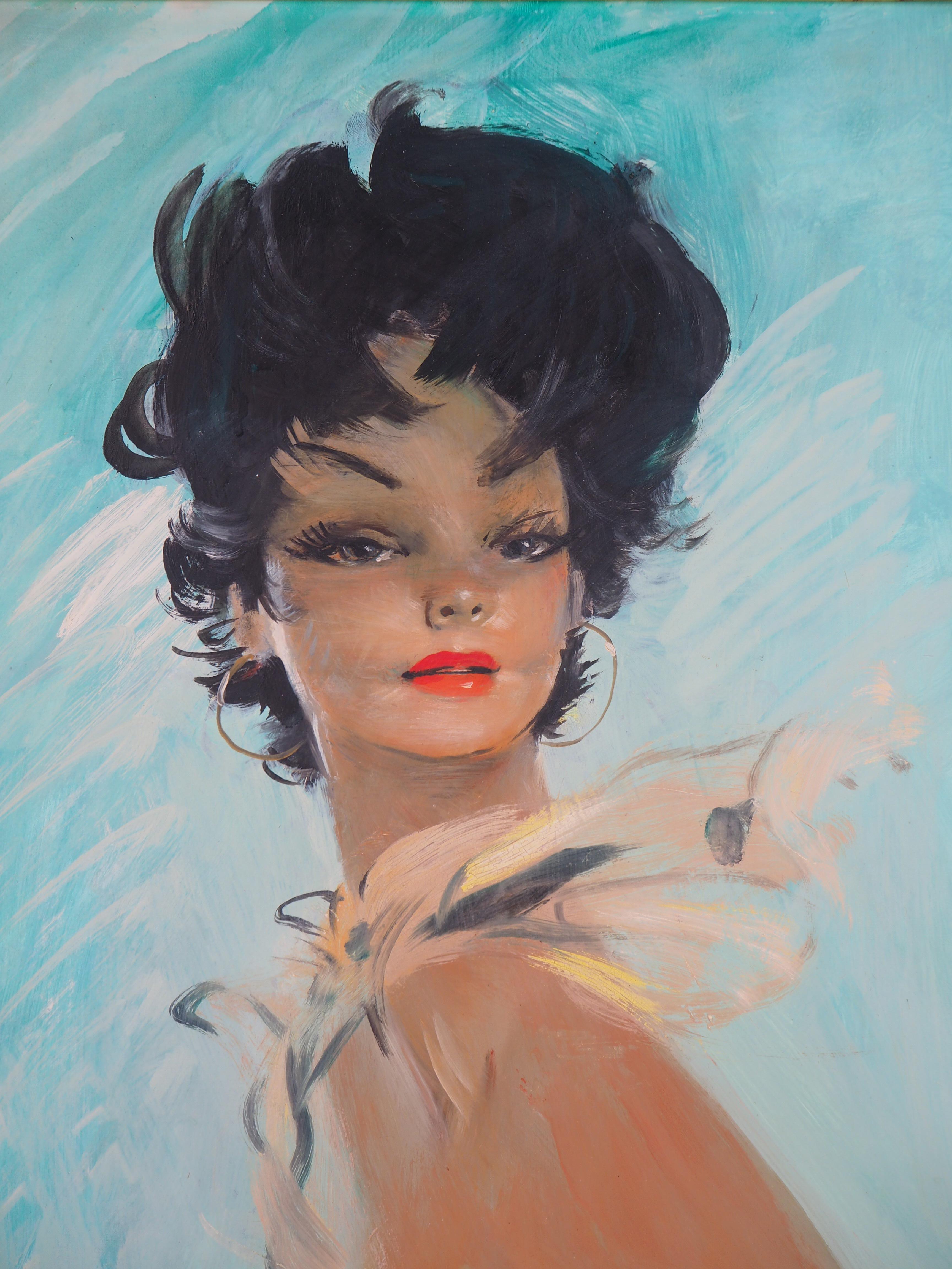 Woman with Gold Scarf - Original Oil on Panel, Handsigned - Brown Portrait Painting by Jean-Gabriel Domergue