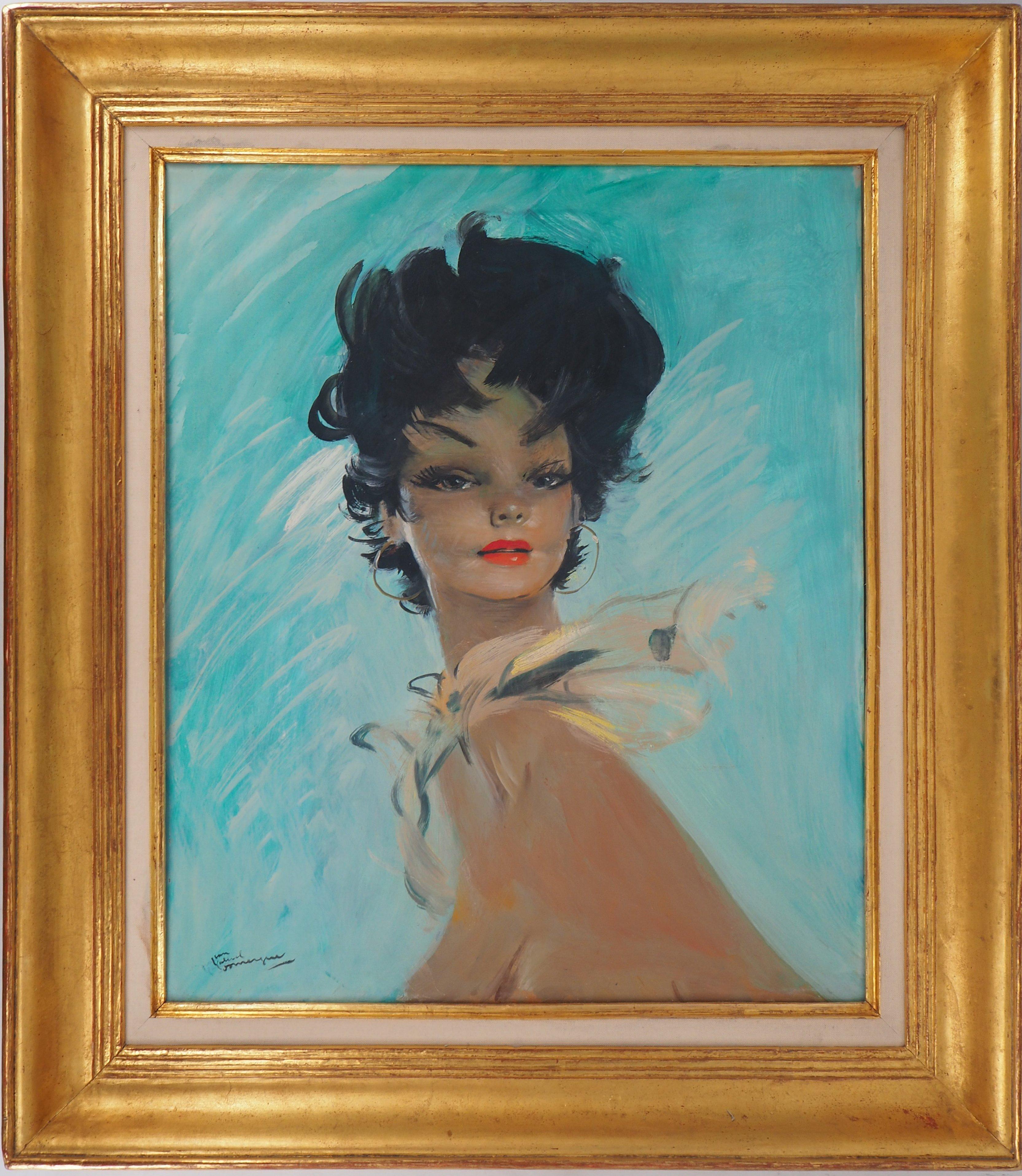 Jean-Gabriel Domergue Portrait Painting - Woman with Gold Scarf - Original Oil on Panel, Handsigned