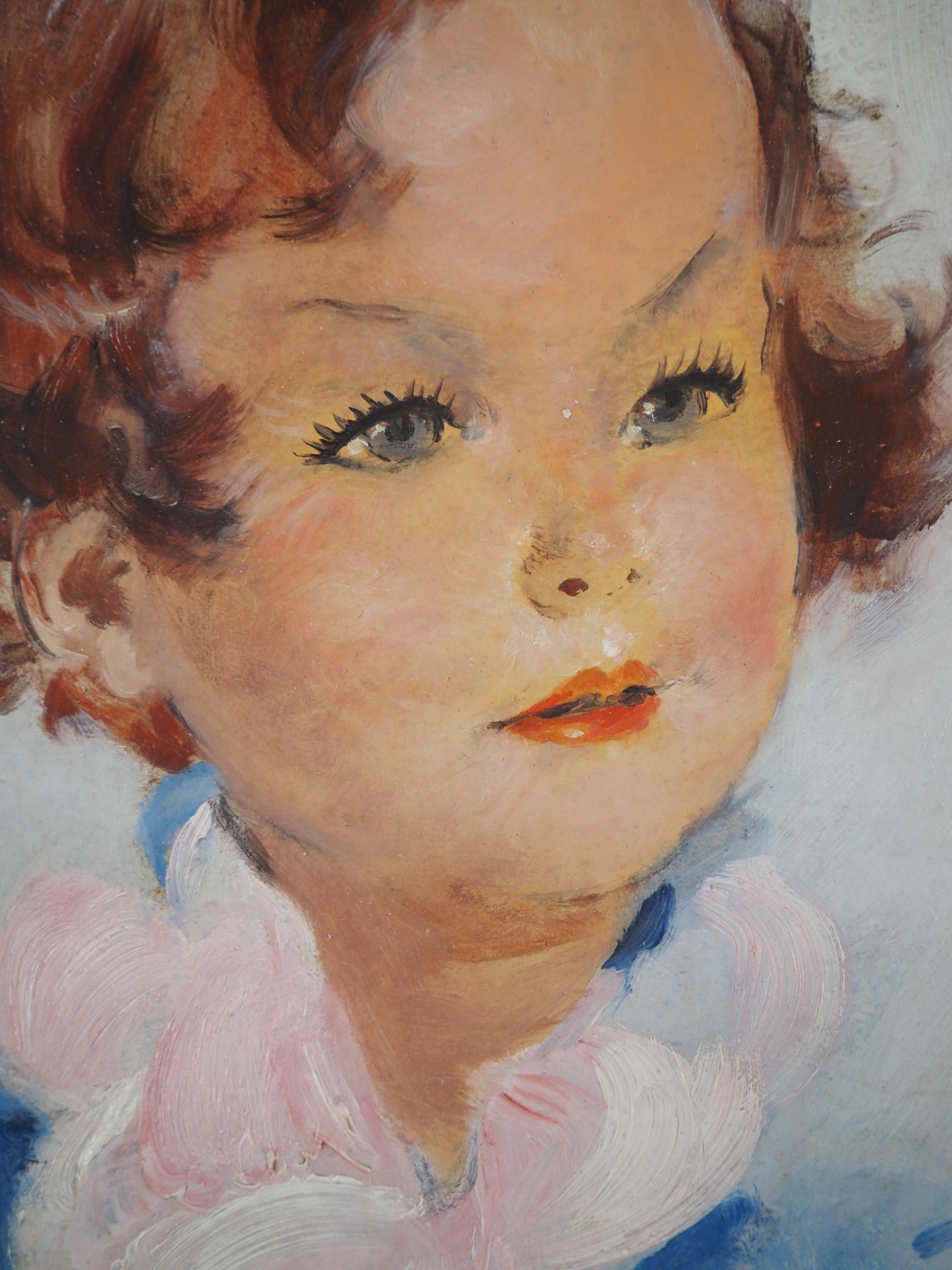 Young Girl with Pink Scarf - Original Oil Painting, Handsigned  For Sale 3