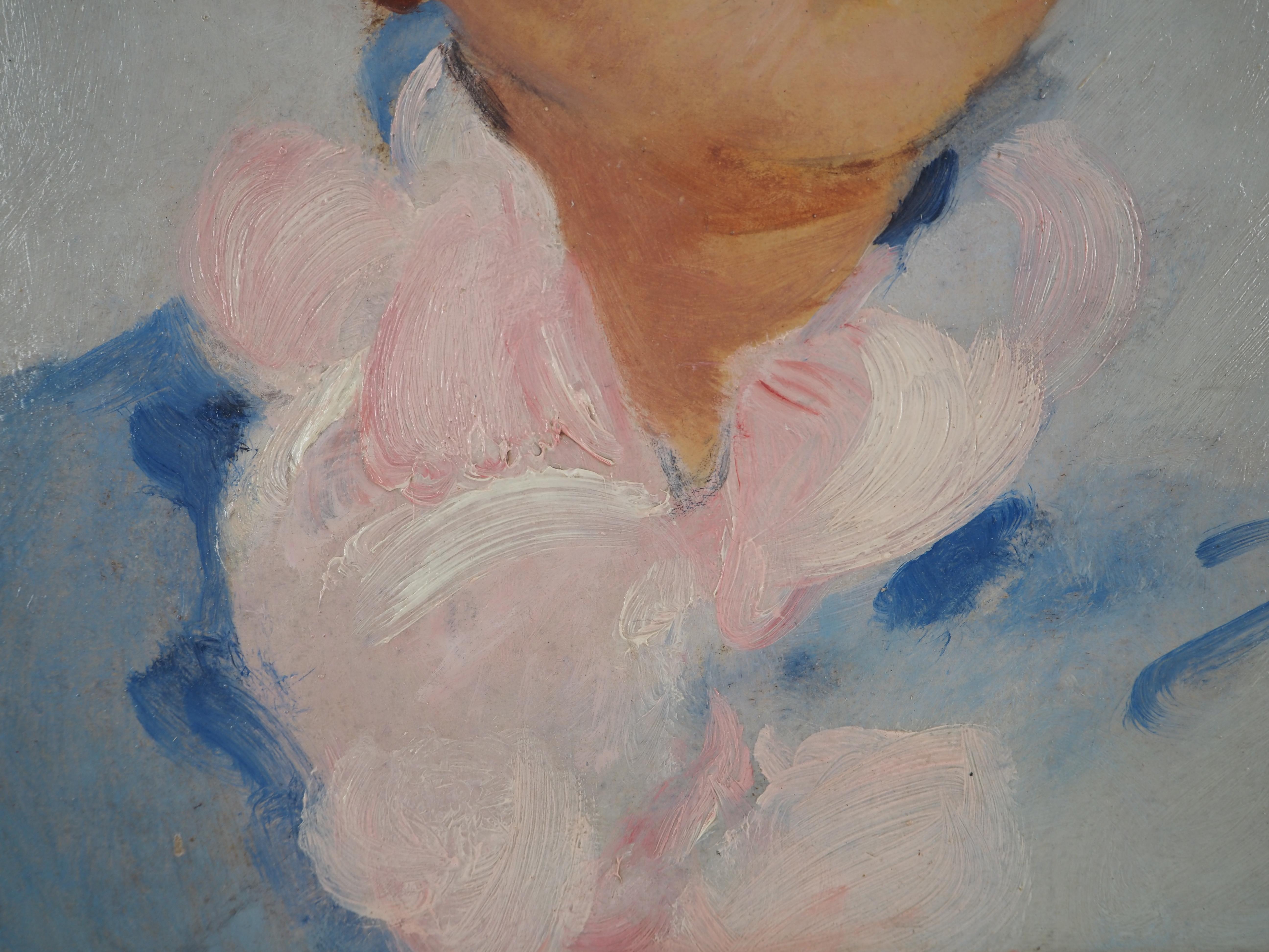 Young Girl with Pink Scarf - Original Oil Painting, Handsigned  For Sale 4