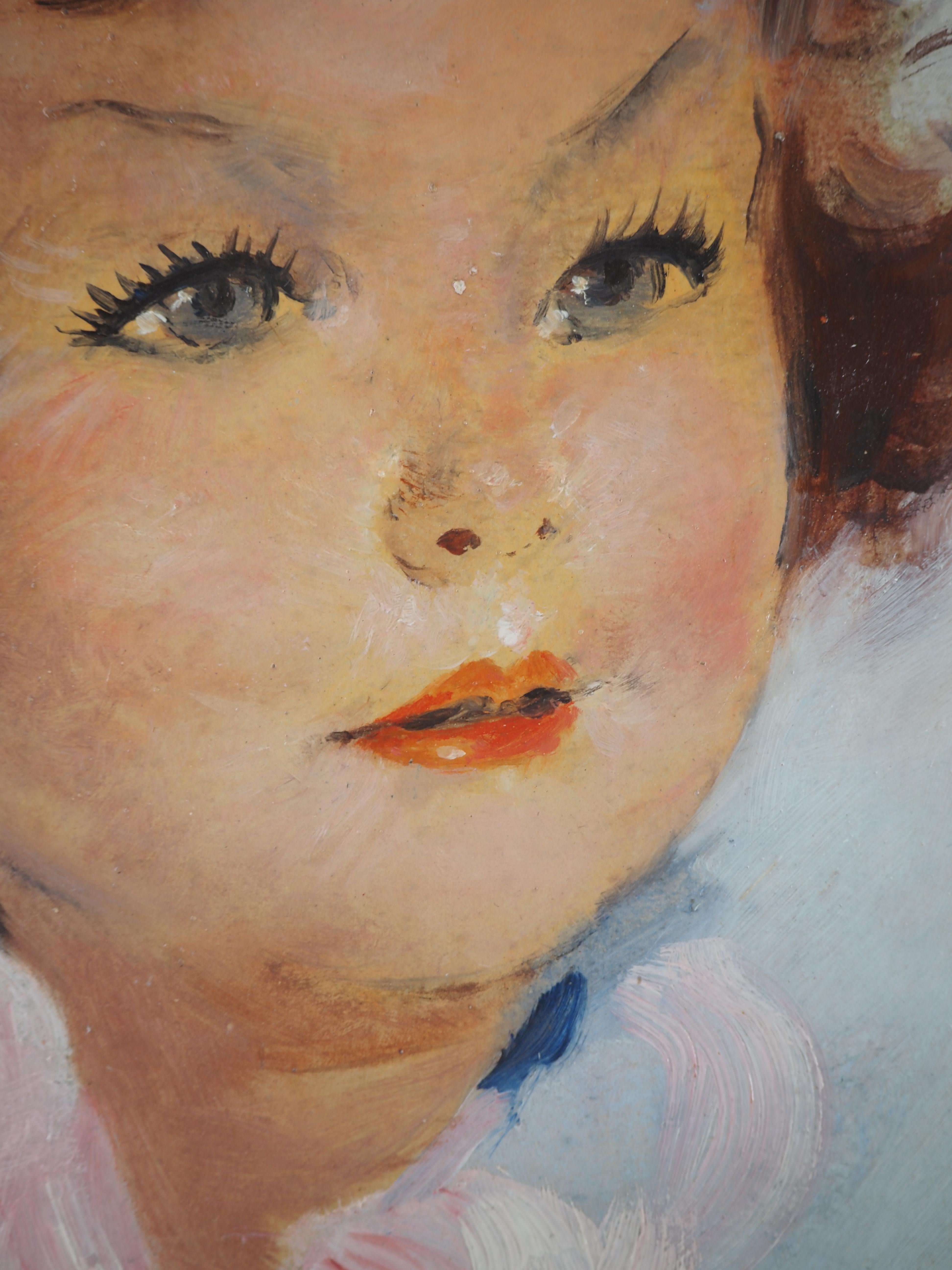 Young Girl with Pink Scarf - Original Oil Painting, Handsigned  For Sale 6