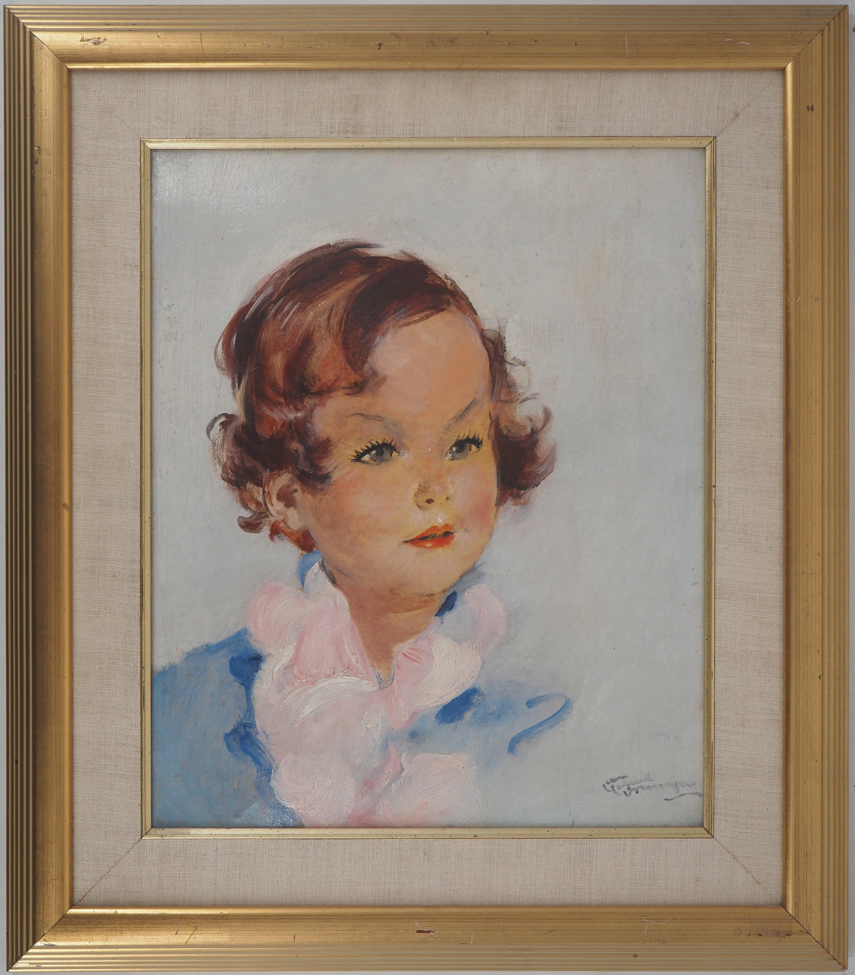 Jean-Gabriel Domergue Portrait Painting – Young Girl with Pink Scarf – Originales Ölgemälde, handsigniert 