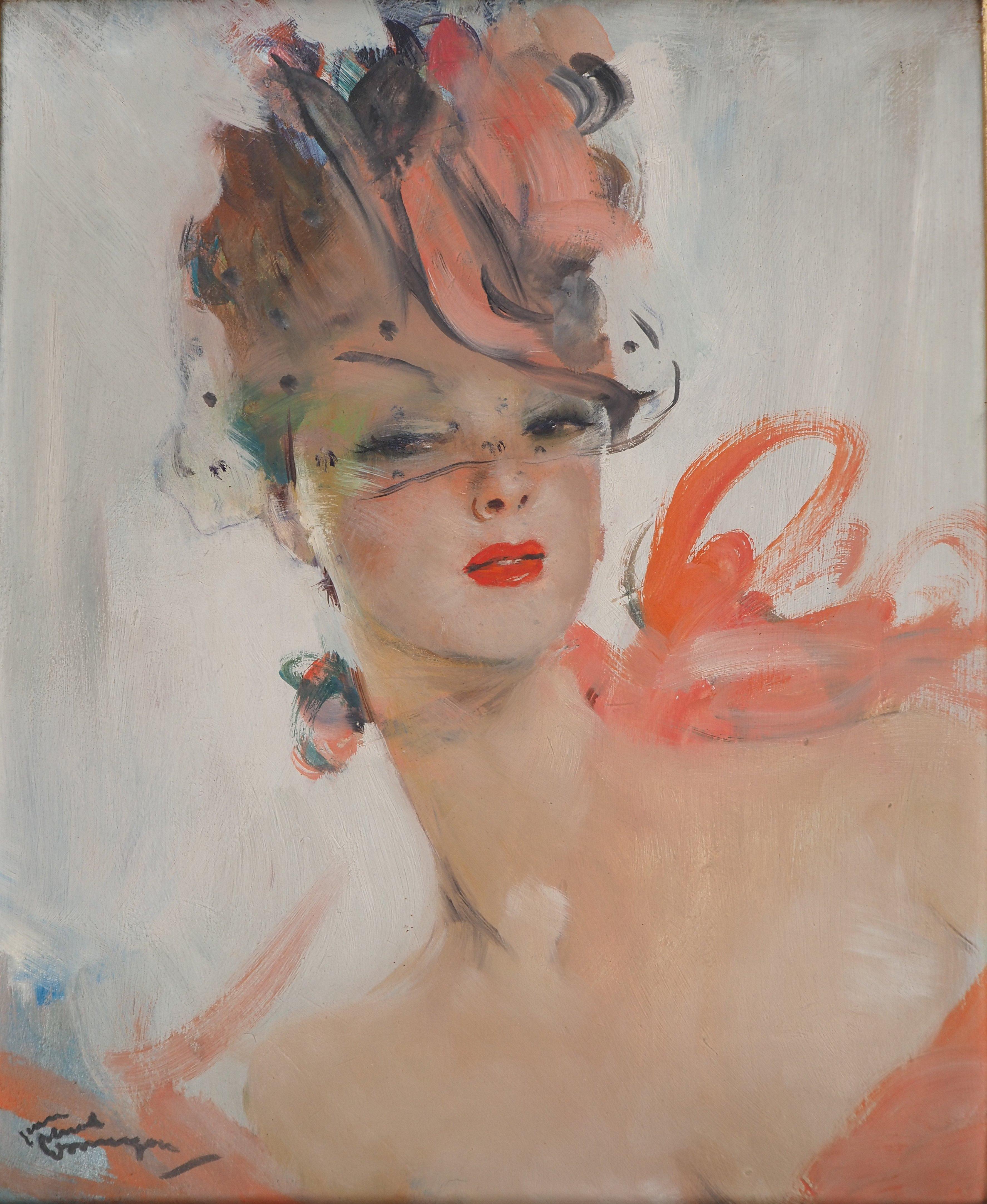 Junge Frau mit rosa Schleife und Hut - Original Ölgemälde, handsigniert (Moderne), Painting, von Jean-Gabriel Domergue