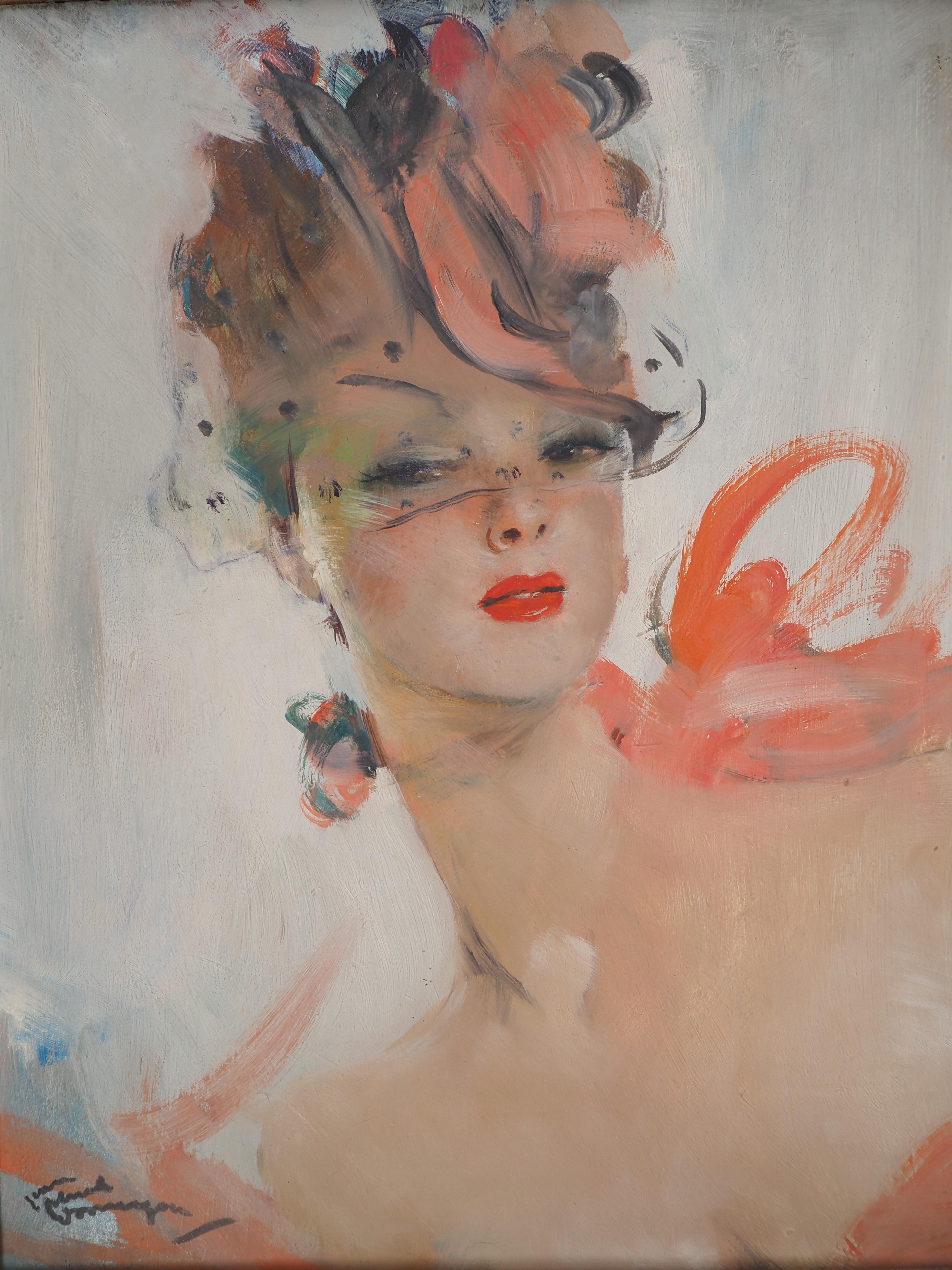 Junge Frau mit rosa Schleife und Hut - Original Ölgemälde, handsigniert (Braun), Portrait Painting, von Jean-Gabriel Domergue