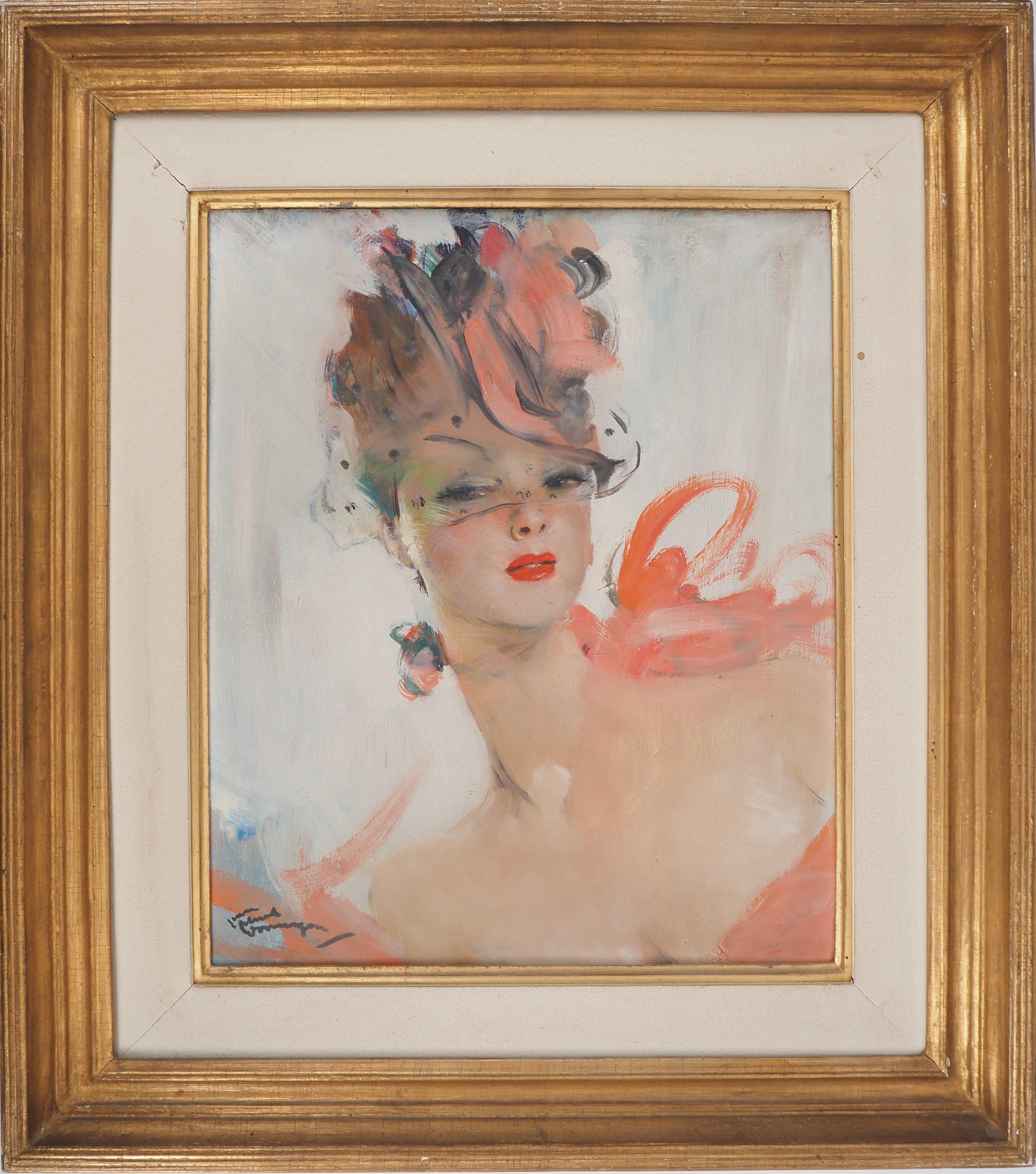 Jean-Gabriel Domergue Portrait Painting – Junge Frau mit rosa Schleife und Hut - Original Ölgemälde, handsigniert