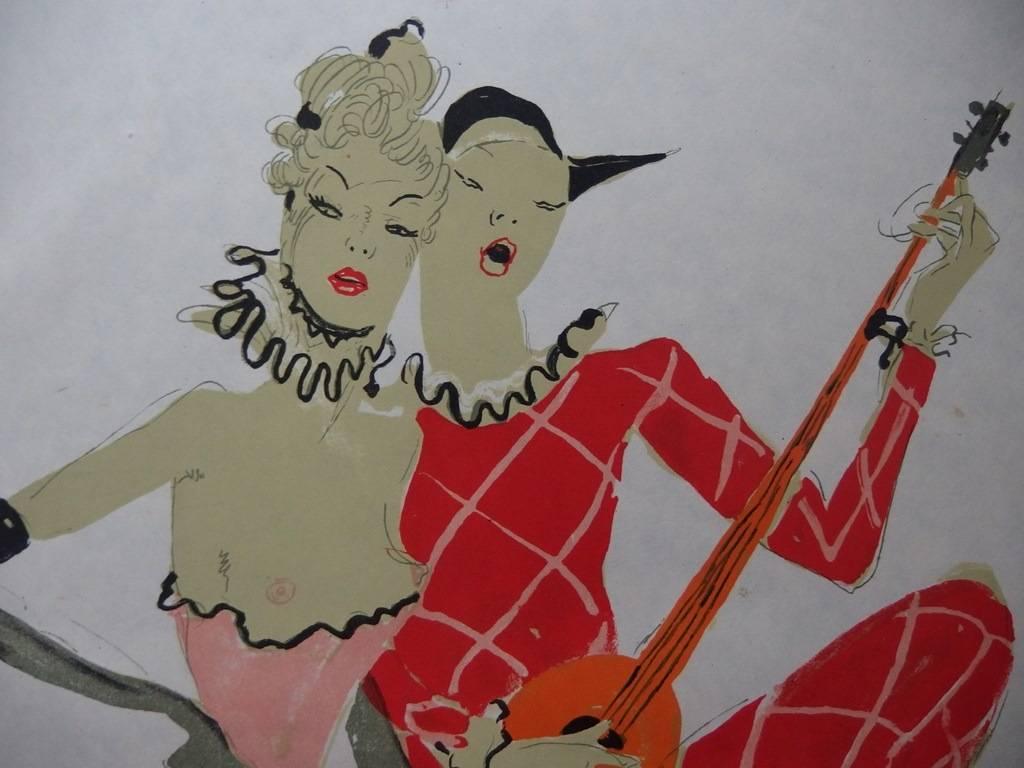 At the Cabaret : Nude and Harlequine - Original lithograph - Mourlot, 1956 - Gray Figurative Print by Jean-Gabriel Domergue