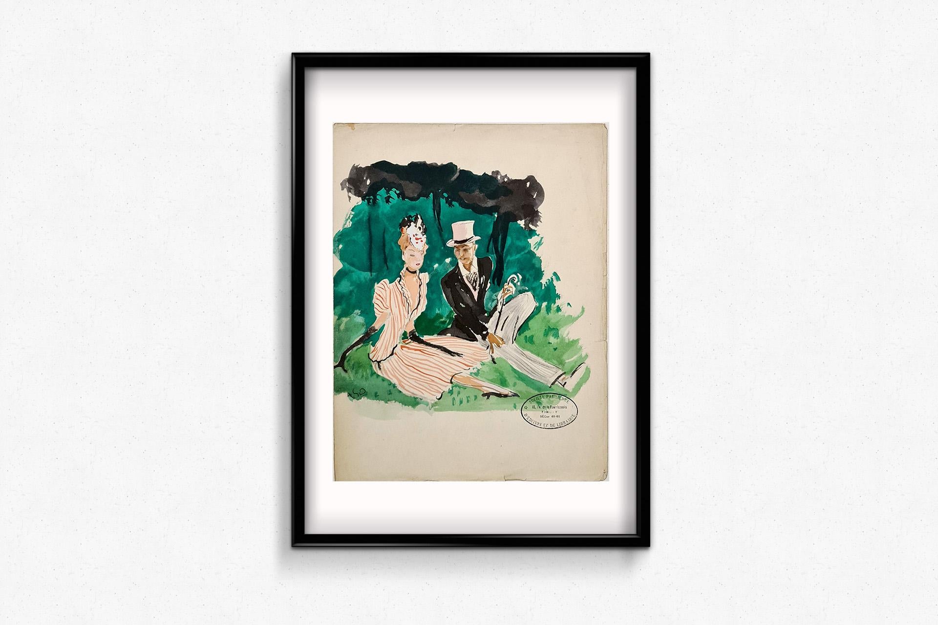 Circa 1948 lithographie originale de Jean-Gabriel Domergue : couple à la mode en vente 1