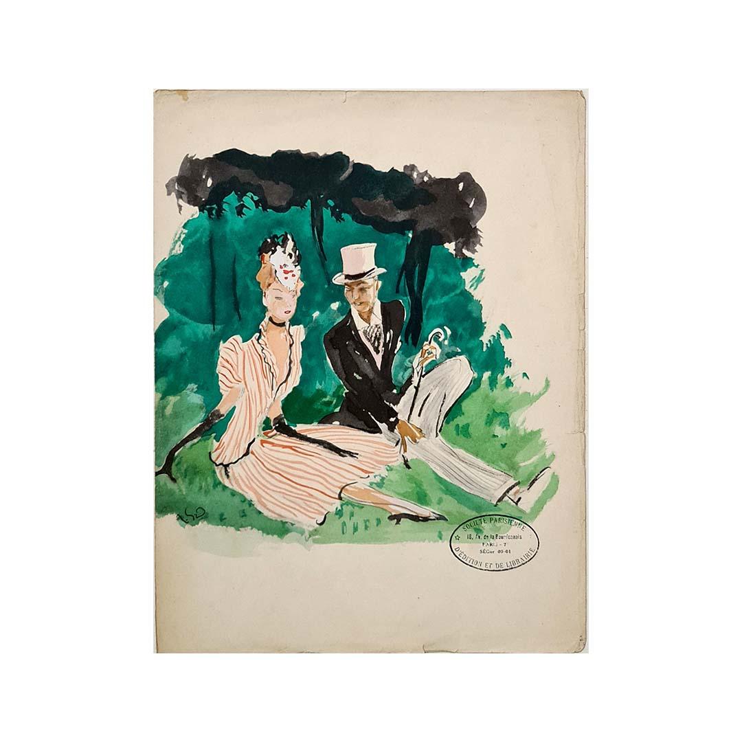 Circa 1948 lithographie originale de Jean-Gabriel Domergue : couple à la mode en vente 3