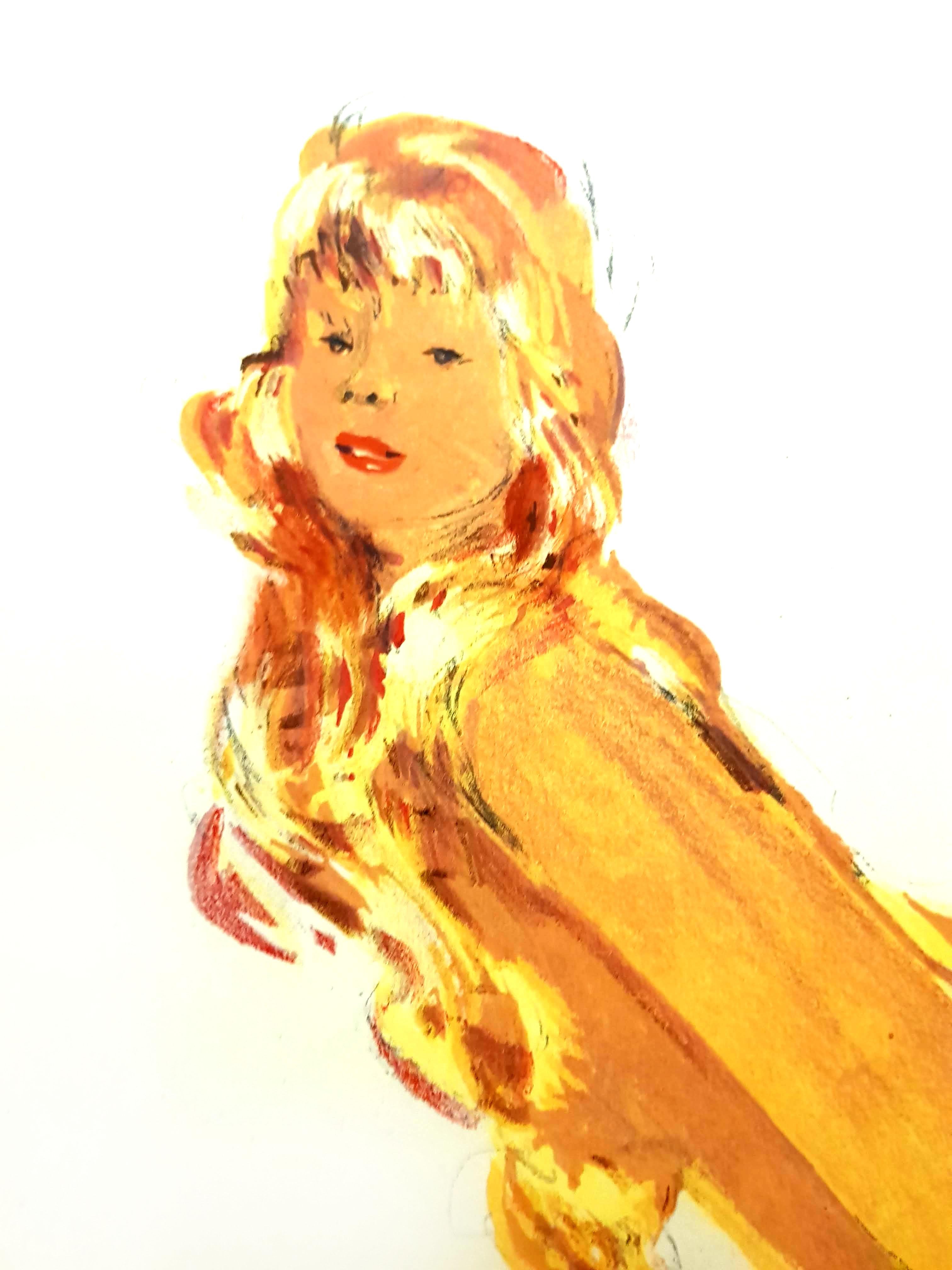Domergue - Red Hair Elegance - Original Signed Lithograph - Orange Figurative Print by Jean-Gabriel Domergue