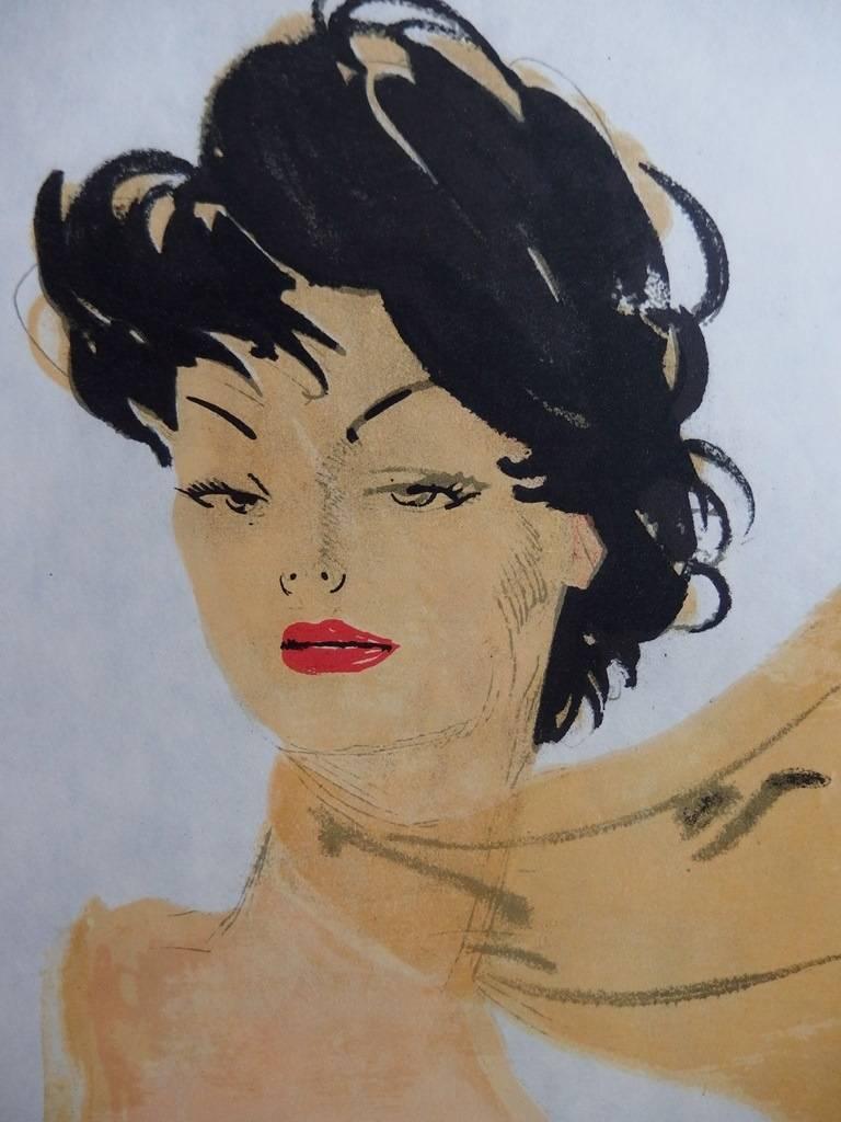 Girl With a Scarf - Original lithograph - Mourlot, 1956 - Modern Print by Jean-Gabriel Domergue