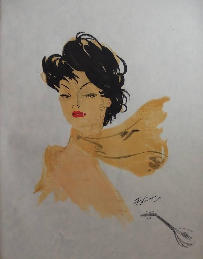 Jean-Gabriel Domergue Portrait Print - Girl With a Scarf - Original lithograph - Mourlot, 1956
