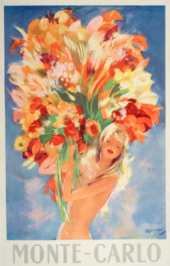 Poster d'epoca originale di Domergue del 1950 con una ragazza di Monte Carlo che tiene in mano dei fiori