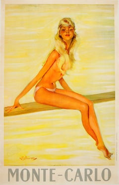 Original Vintage Monte Carlo Travel Poster Ft. Pin Up Style Girl On Diving Board