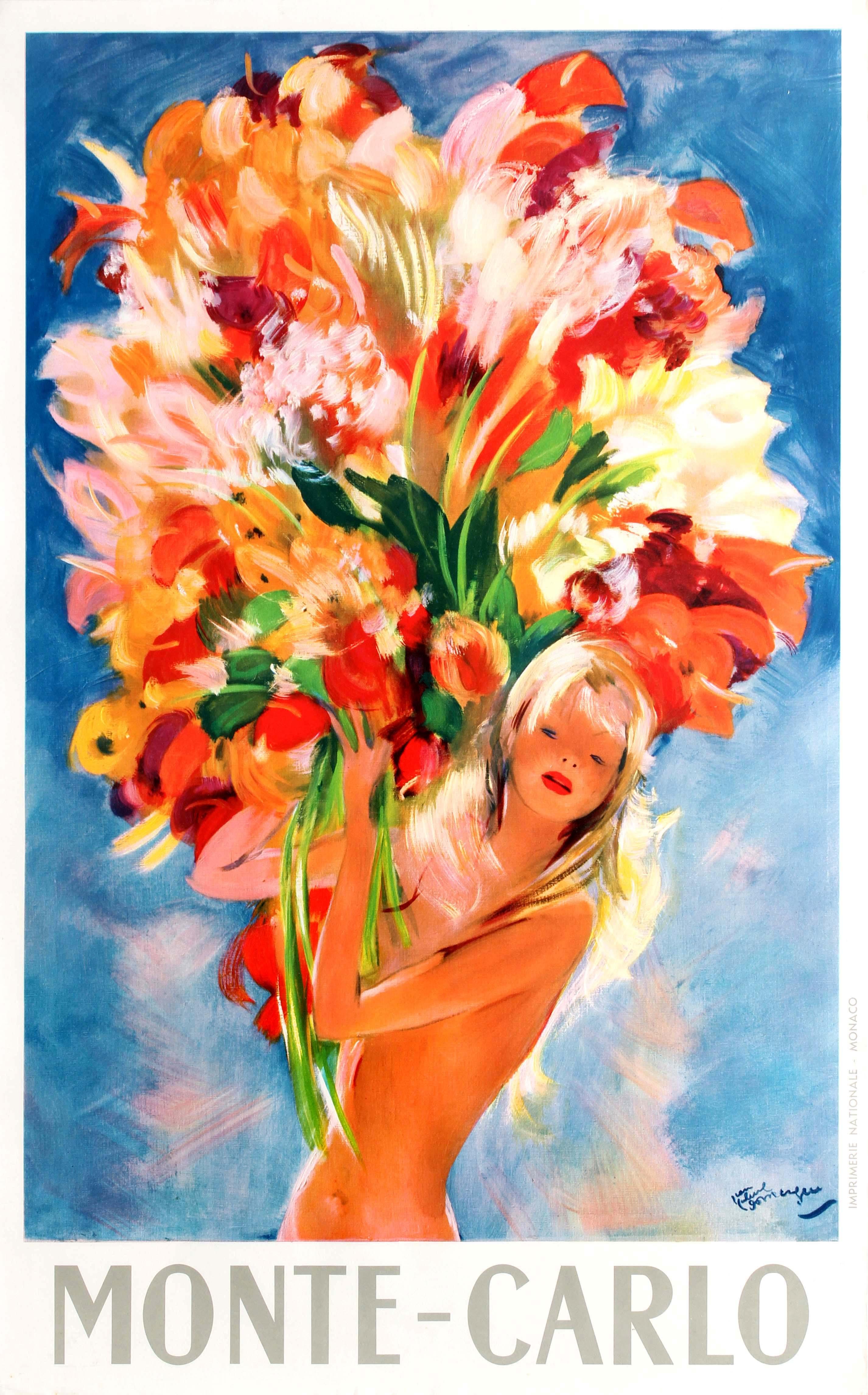 Jean-Gabriel Domergue Print - Original Vintage Monte Carlo Travel Poster Pin-Up Style Flower Girl by Domergue