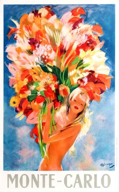 Original Vintage Monte Carlo Travel Poster Pin-Up Style Flower Girl by Domergue