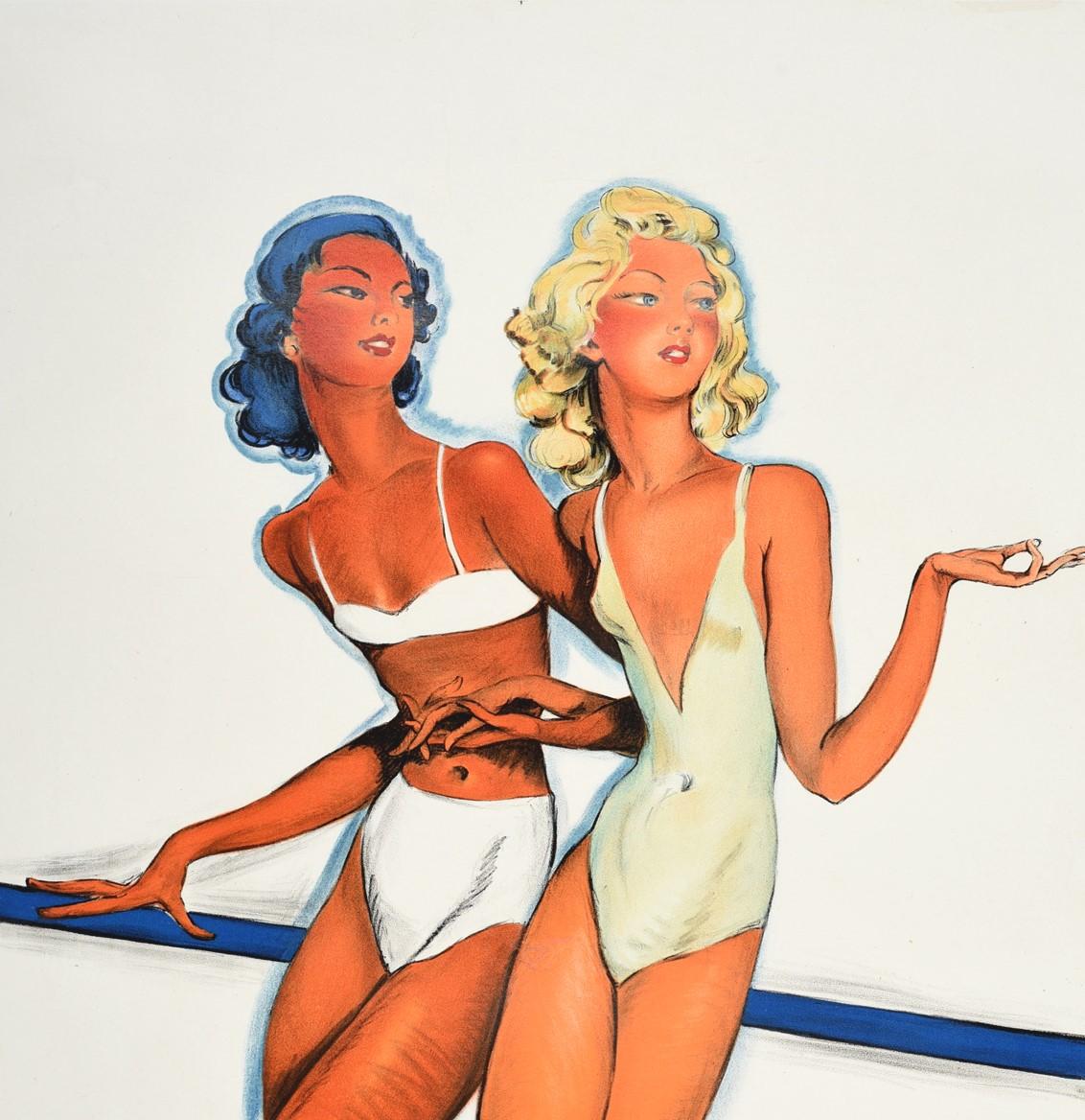Original Vintage Poster Summer In Monte Carlo Travel Pin Up Design Belle Femmes - Print by Jean-Gabriel Domergue