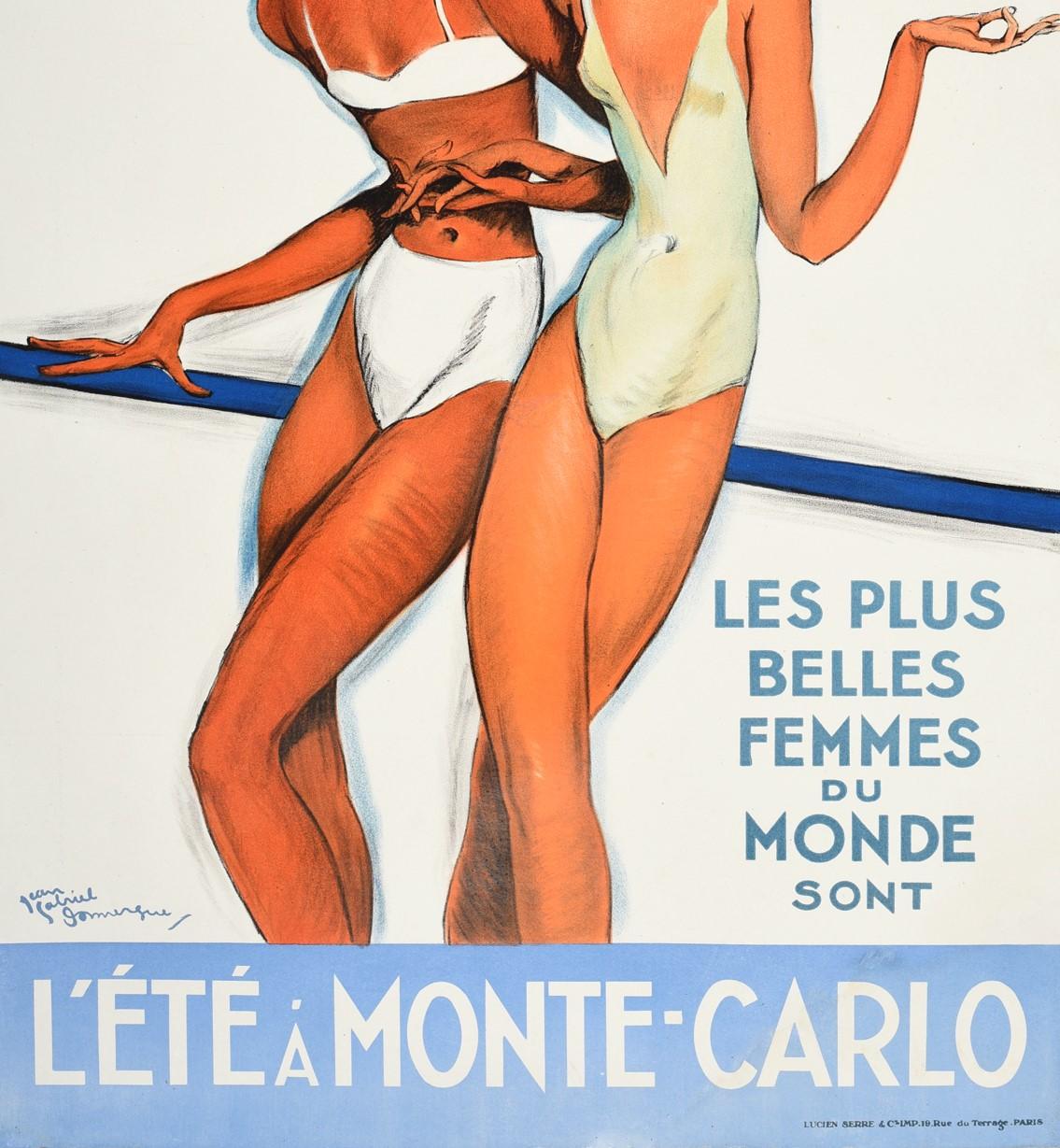 Original Vintage-Reiseplakat - Les Plus Belle Femmes du Monde sont L'Ete a Monte Carlo / The Most Beautiful Women in the World Summer in Monte Carlo - mit einem atemberaubenden Pin-up-Design des französischen Malers Jean-Gabriel Domergue