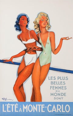 Affiche de voyage vintage d'origine L'Ete a Monte Carlo par Domergue, vers 1937