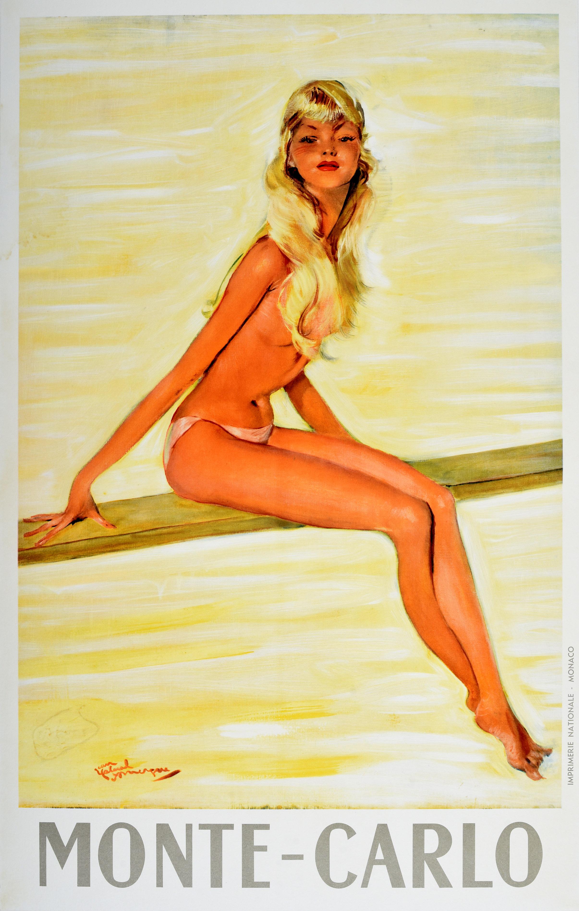 Jean-Gabriel Domergue Print - Original Vintage Travel Poster Monte Carlo Diving Board Girl Pin Up Domergue
