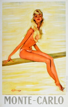 Original Vintage Travel Poster Monte Carlo Diving Board Girl Pin Up Domergue