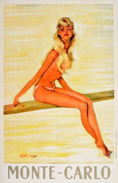 Original Vintage Travel Poster Monte Carlo Girl Pin Up Domergue Diving Board