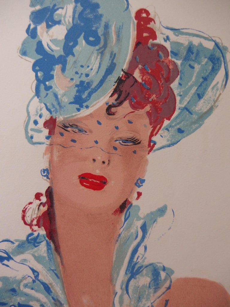 Red hair girl with a bibi hat - Original lithograph - 1956 - Print by Jean-Gabriel Domergue