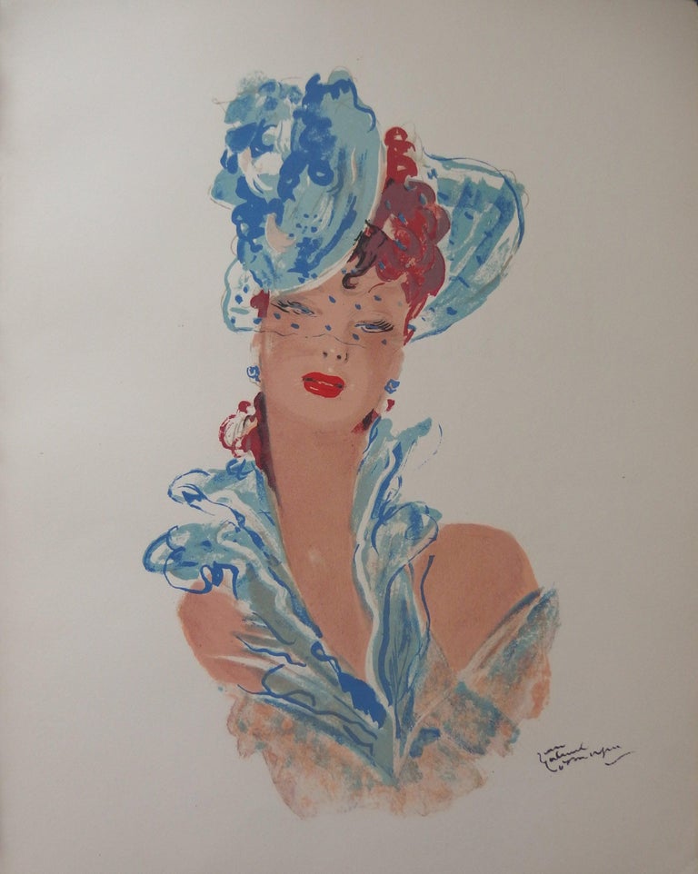 Jean-Gabriel Domergue Portrait Print - Red hair girl with a bibi hat - Original lithograph - 1956