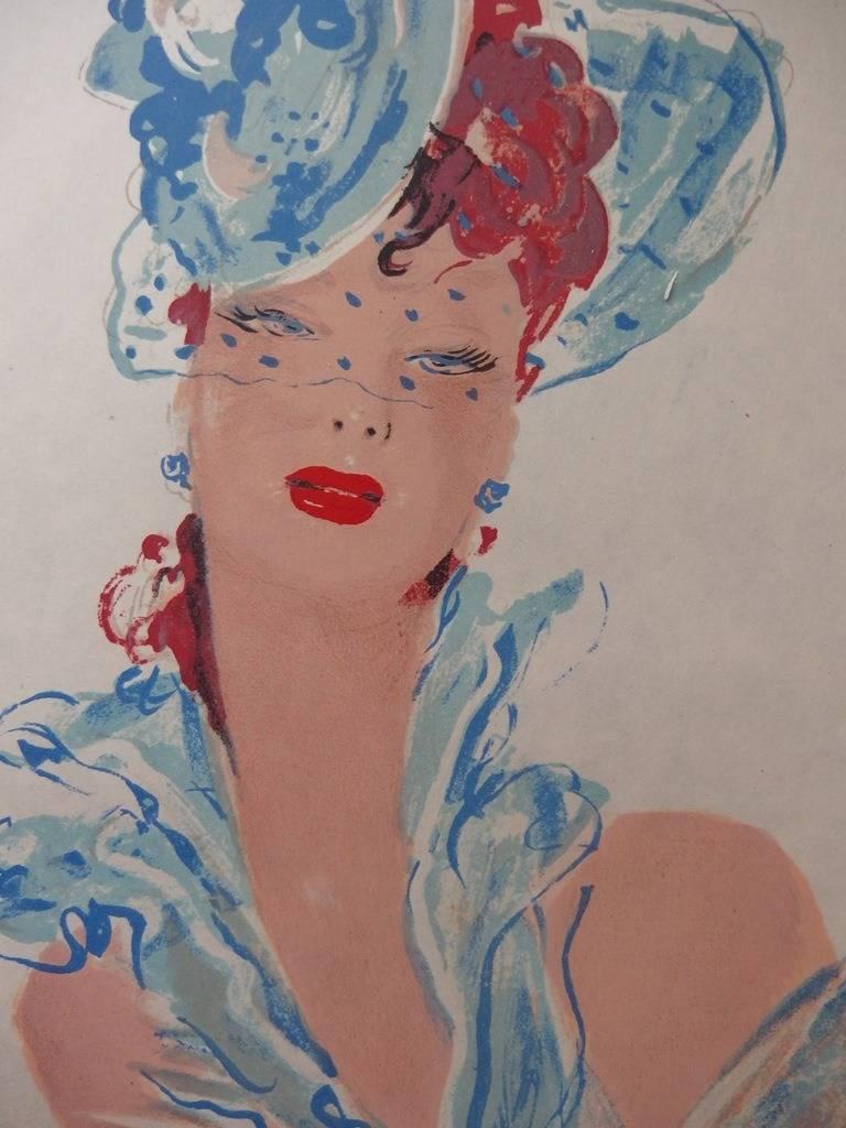 Red Hair Girl With a Bibi Hat - Original lithograph - Mourlot, 1956 - Modern Print by Jean-Gabriel Domergue