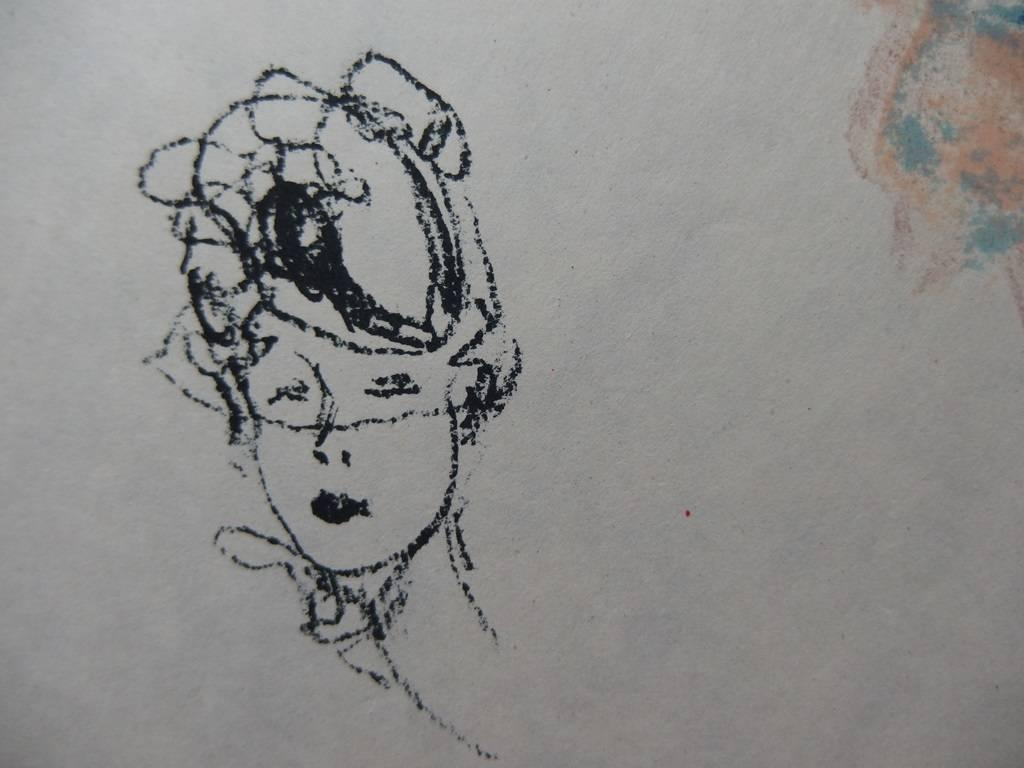Red Hair Girl With a Bibi Hat - Original lithograph - Mourlot, 1956 - Gray Portrait Print by Jean-Gabriel Domergue