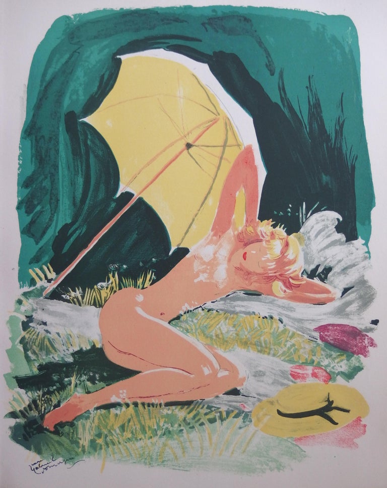 Jean-Gabriel Domergue Nude Print - Summer : The Sunbath - Original lithograph - 1956