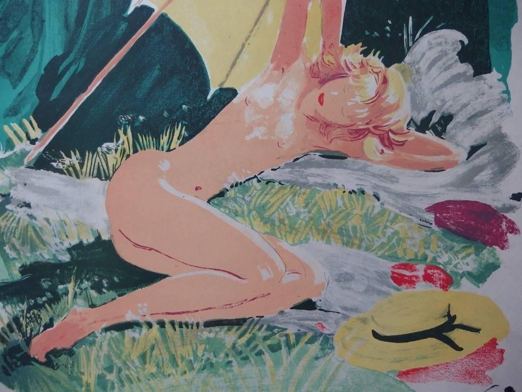 Sun Bath in the Garden - Original lithograph - Mourlot, 1956 - Modern Print by Jean-Gabriel Domergue