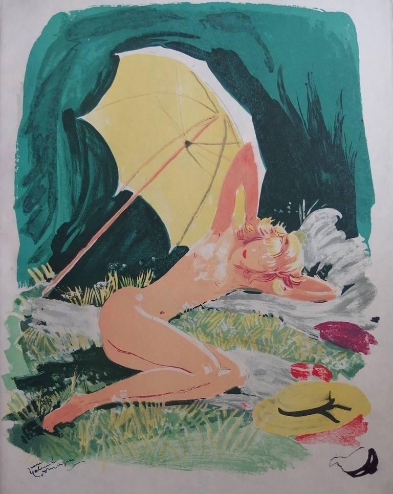 Jean-Gabriel Domergue Nude Print - Sun Bath in the Garden - Original lithograph - Mourlot, 1956