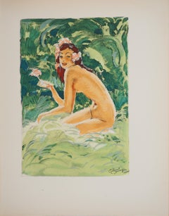 Tahitianische Frauen mit Blumen im Haar – Original-Lithografie, signiert