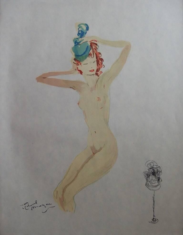 Jean-Gabriel Domergue Nude Print - The Hat : Dressed with Nothing - Original signed lithograph - Mourlot, 1956