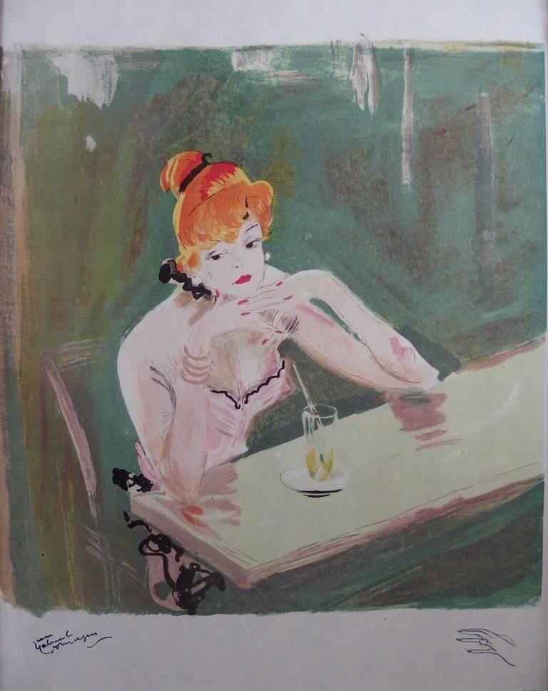Jean-Gabriel Domergue Figurative Print - Waiting : In a Parisian Cafe - Original lithograph - Mourlot, 1956