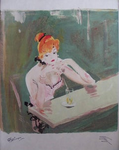 L'attente : dans un café parisien - Lithographie originale - Mourlot, 1956