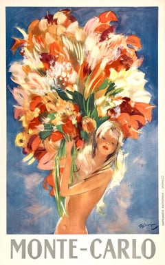 Original Monte Carlo Girl Holding Flowers Vintage Poster by Domergue c1950