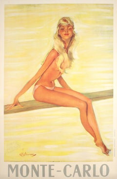 Original Vintage Monte Carlo Blonde Girl Poster by Domergue c1950 Diving Board