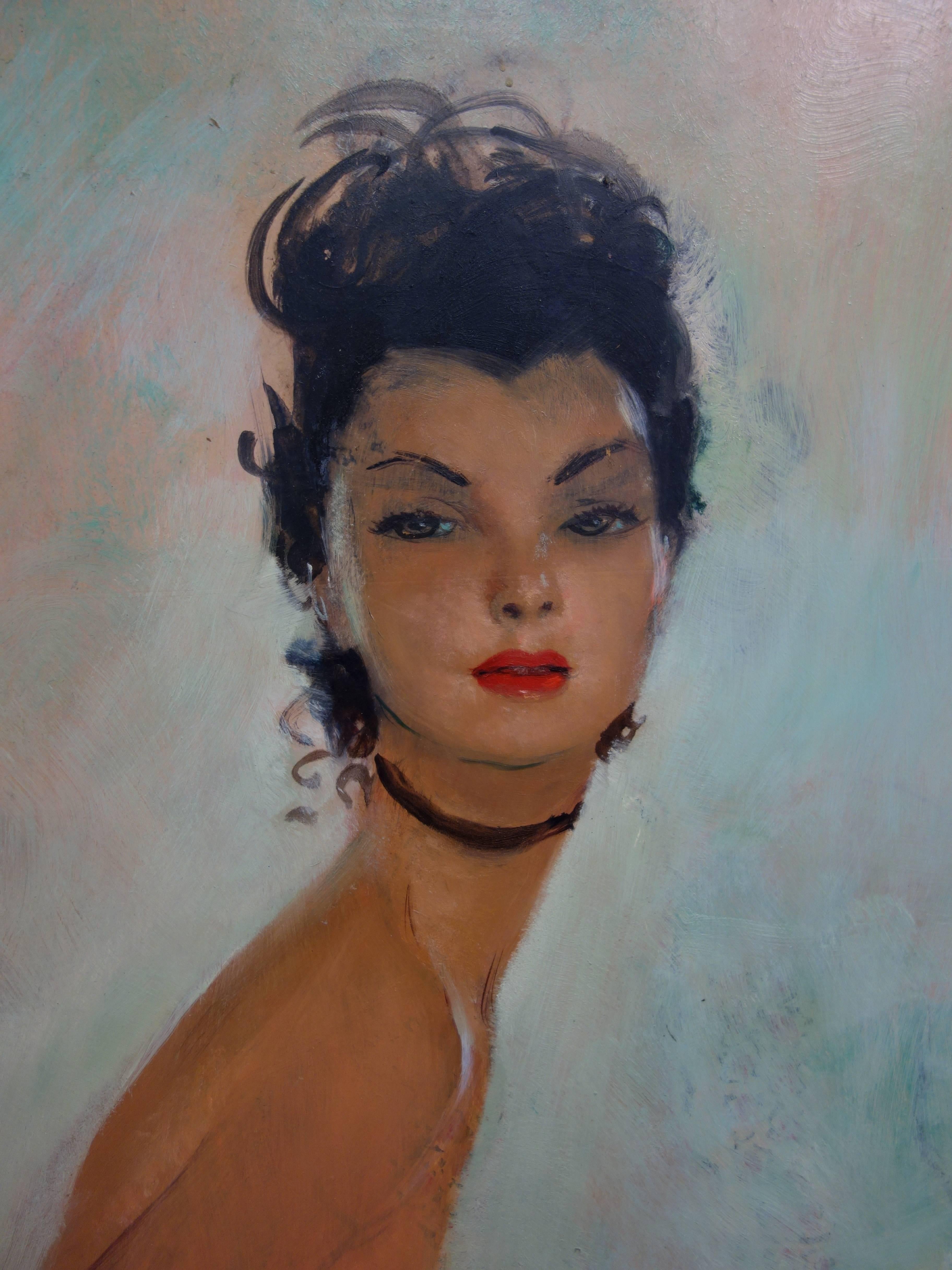 Dola : Brown Hair Pin-Up with Black Necklace - Original handsigned Oil on Canvas - Painting by Jean-Gabriel Domergue