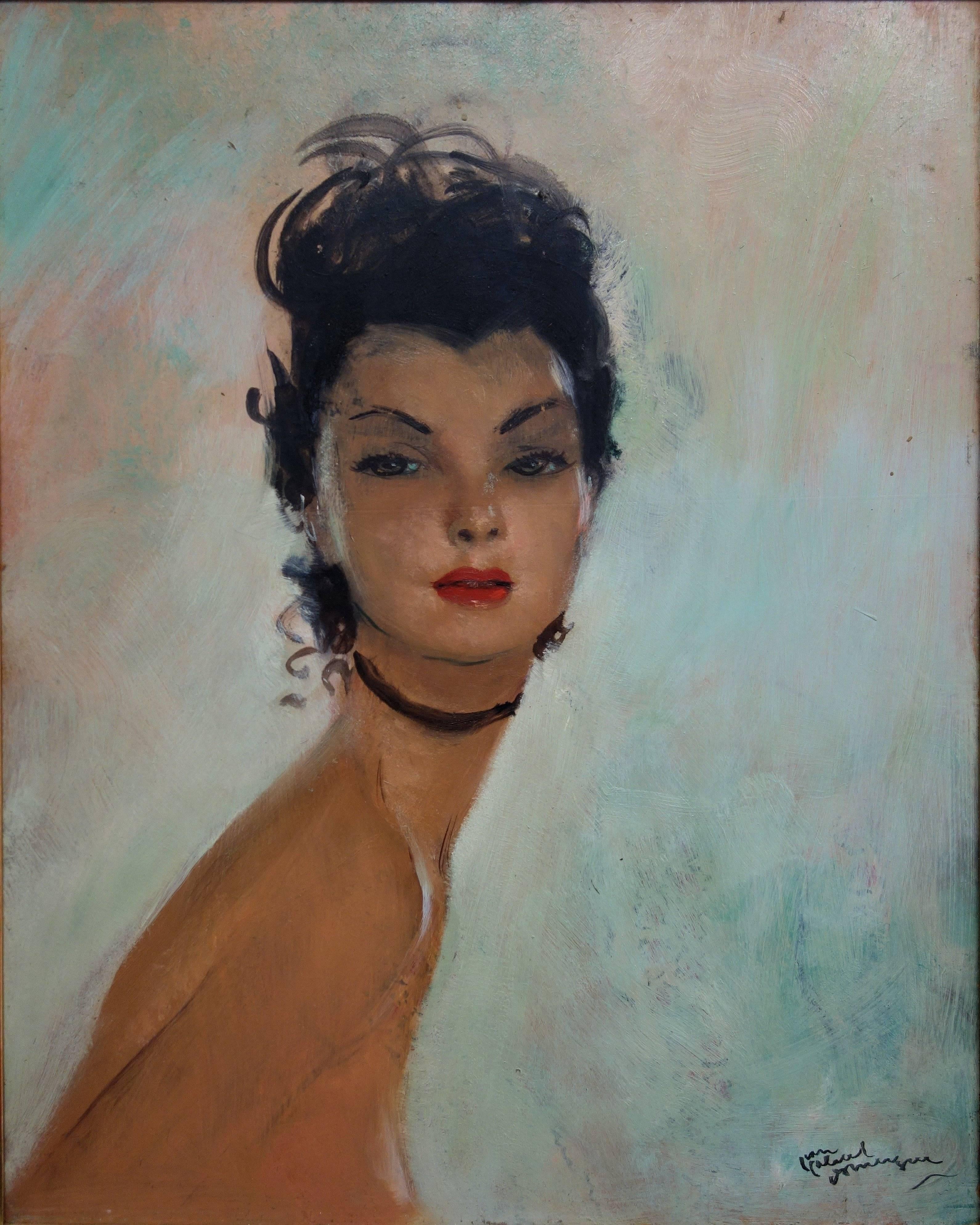 Dola : Brown Hair Pin-Up with Black Necklace - Original handsigned Oil on Canvas - Modern Painting by Jean-Gabriel Domergue