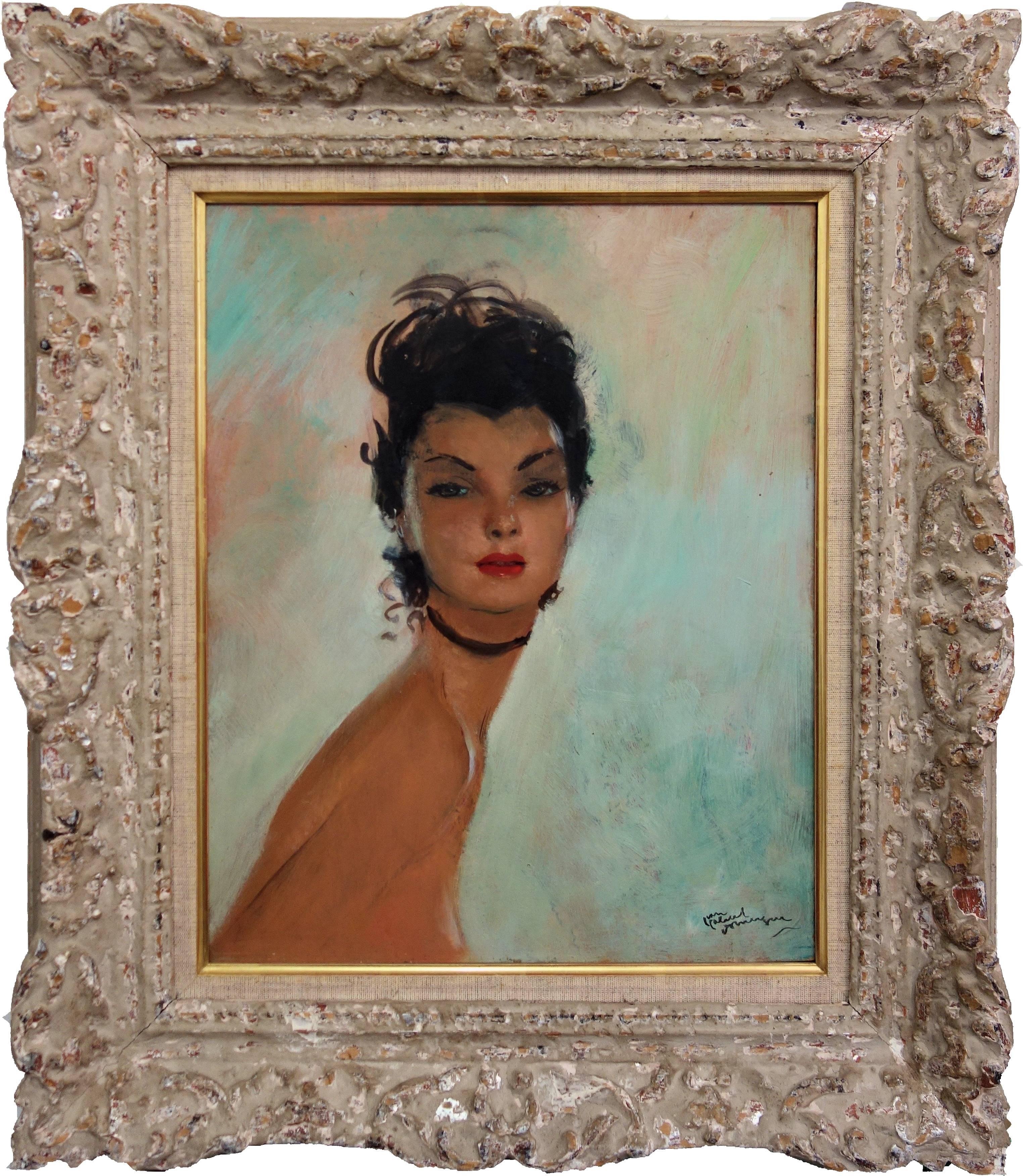 Jean-Gabriel Domergue Portrait Painting - Dola : Brown Hair Pin-Up with Black Necklace - Original handsigned Oil on Canvas