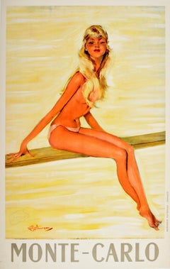 Original Vintage Travel Poster For Monte Carlo Diving Board Girl Pin Up Design