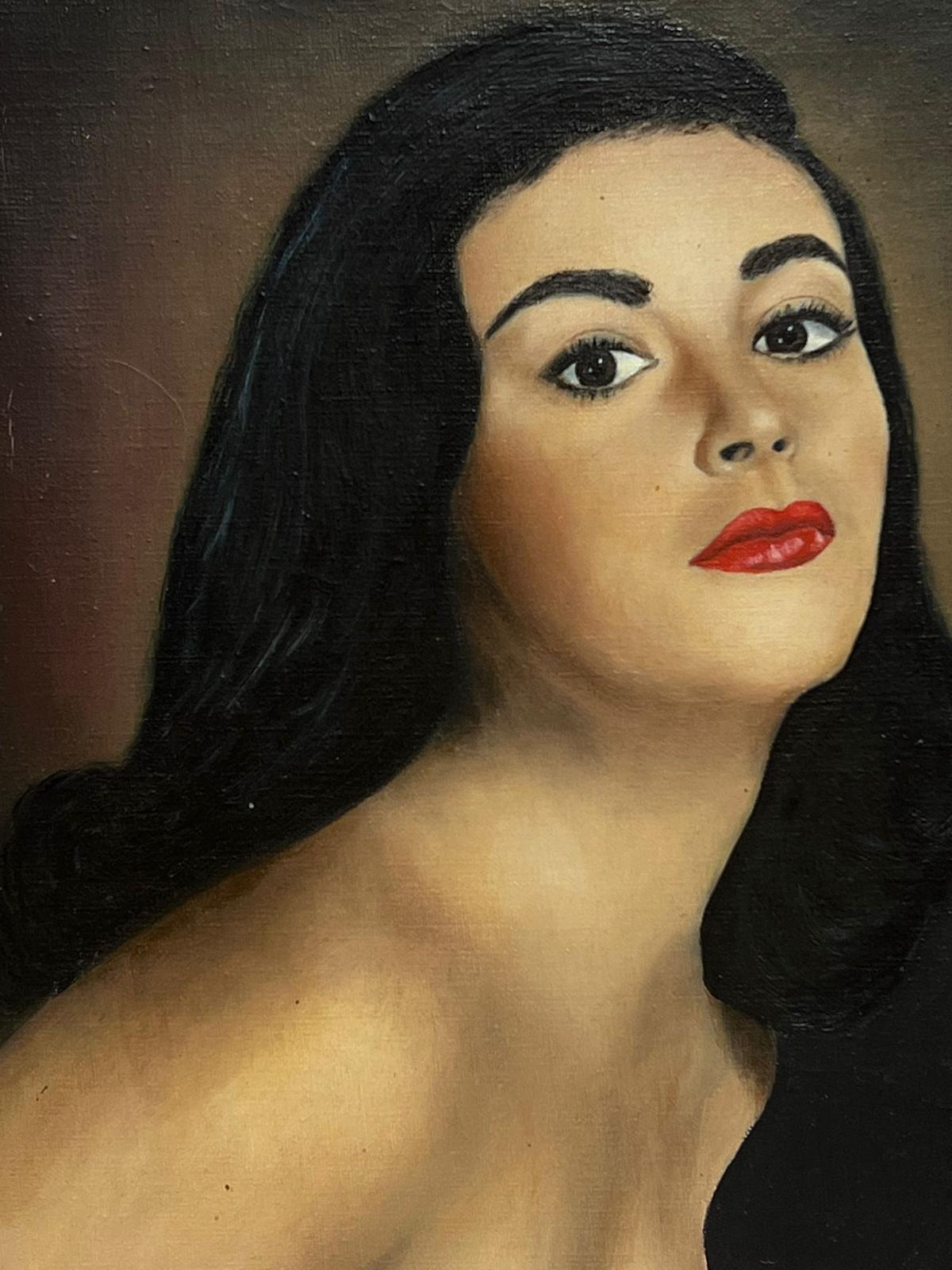 1950's French Oil Painting Portrait of Beautiful Young Lady La Napolitaine For Sale 2
