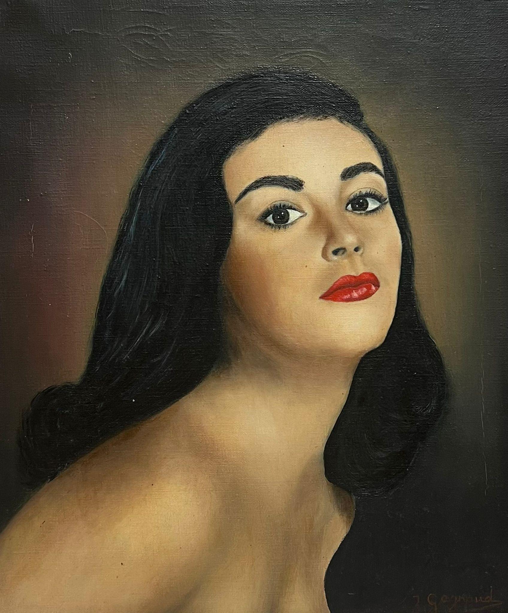 Jean Gagnaud Figurative Painting - 1950's French Oil Painting Portrait of Beautiful Young Lady La Napolitaine